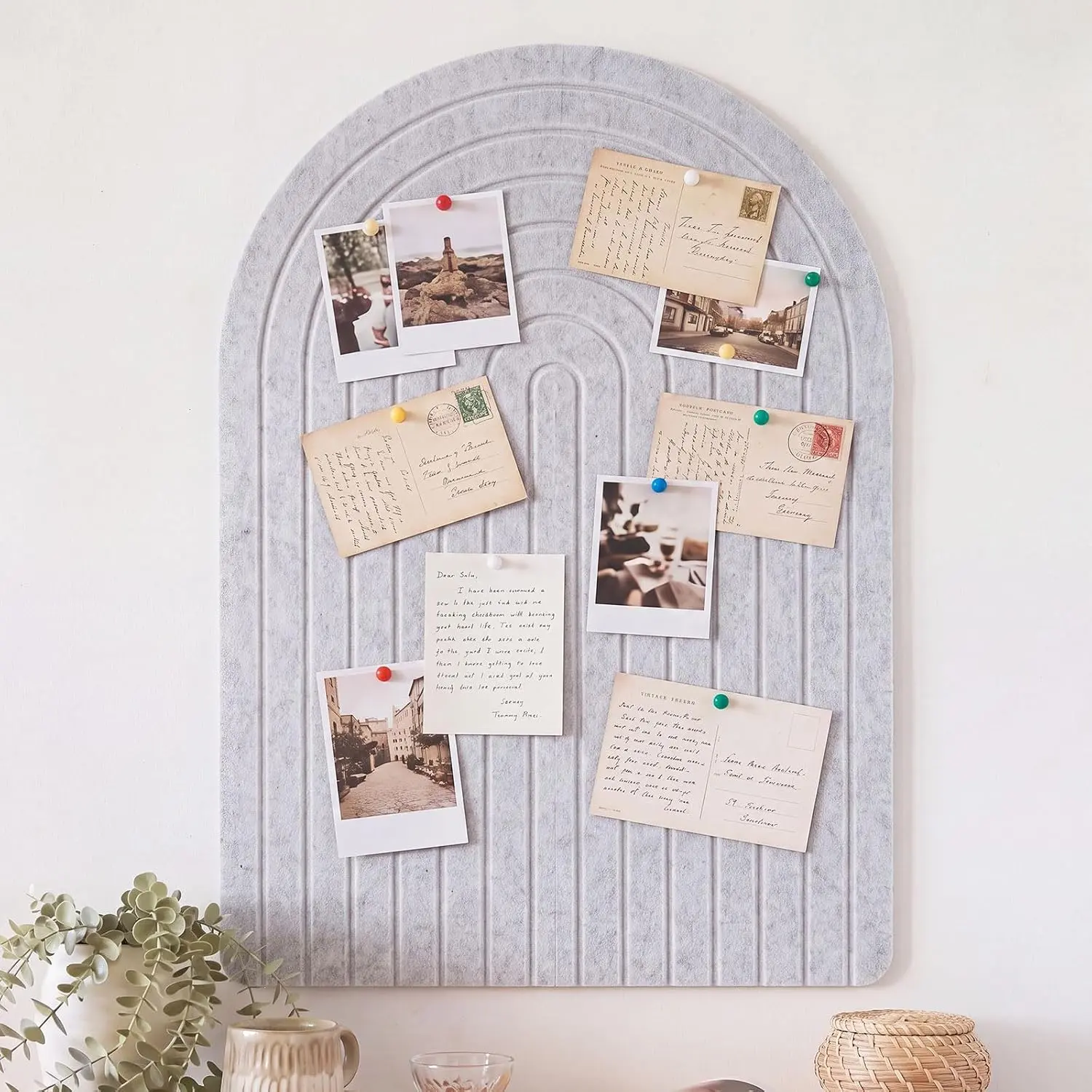 Arched Felt Bulletin Board 35" x 24" Large Pin Board No Drill Cork Boards Tiles Alternative with 30  Pins for  to School Office Supplies Photo Display  Wall Decor(Gray)