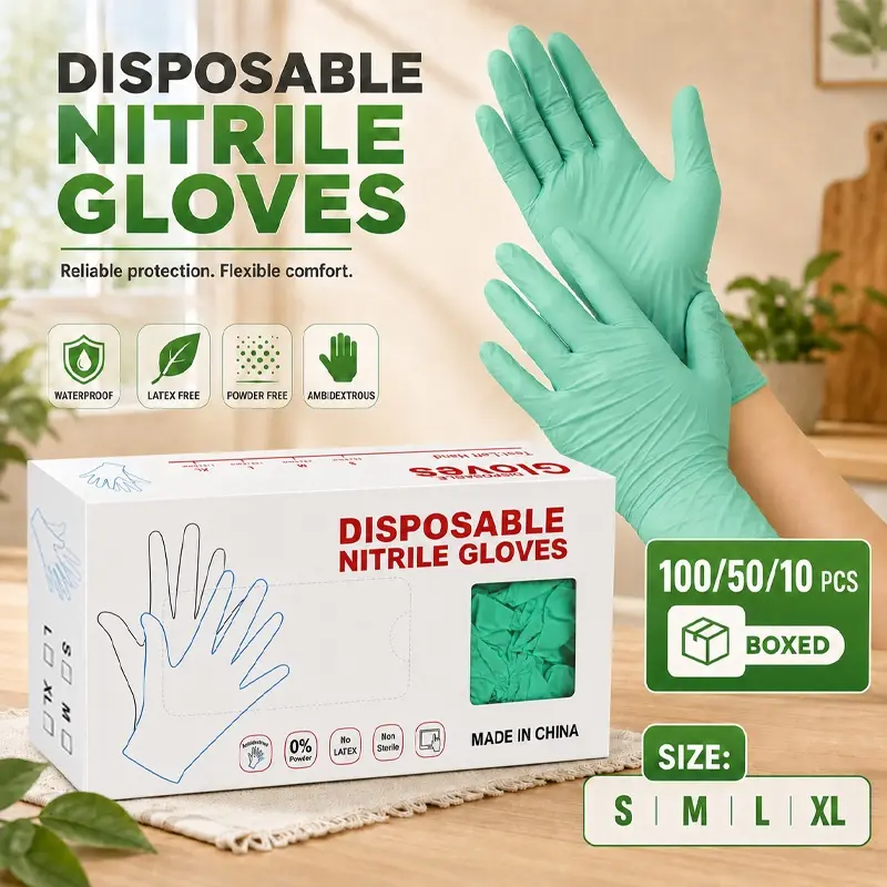 Green nitrile gloves, Household cleaning gloves, boxed, powder-free and latex-free, waterproof and oil-resistant, durable and snug for fridge cleaning, fan cleaning and daily home use
