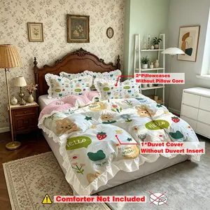 (1 duvet cover+2 pillowcases, coreless),3-Piece Duvet Cover Set With Bed Skirt,Bunny Cat Flower Sticker,Soft Skin-Friendly Safe Material, Machine Washable All Season Bedding, Household Essentials For Bedroom, Dorm & Daily Home Use