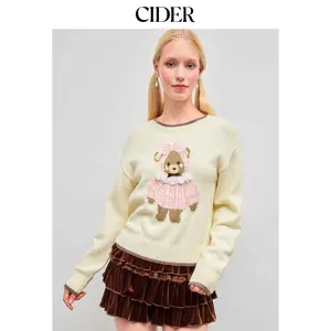 Cider Knit Round Neckline Bear Contrasting Binding Sweater Dealsforyou
