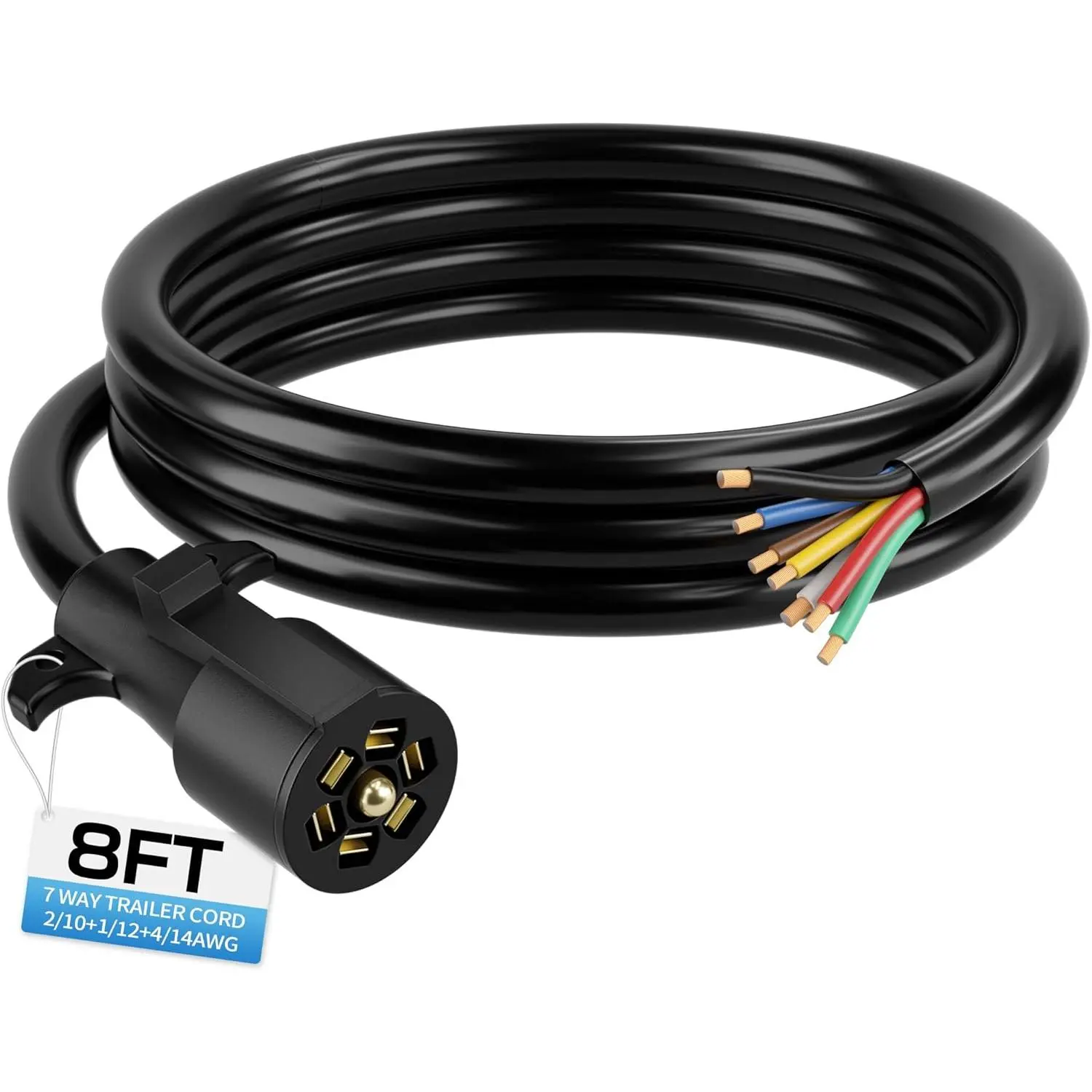 8 FT 7 Pin Trailer Plug, Heavy Duty Trailer Wiring Harness, 7 Way Trailer Cord with Double Prongs Connector for Trailers, RVs, Campers