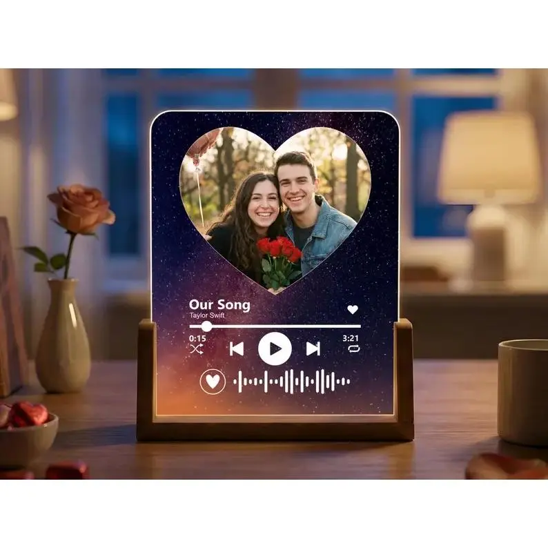 Personalized Song Photo Plaque - Custom Music Acrylic Night Light - Our Song Gift for Couple, Anniversary, Wedding, Valentines, Halloween Christmas Gift