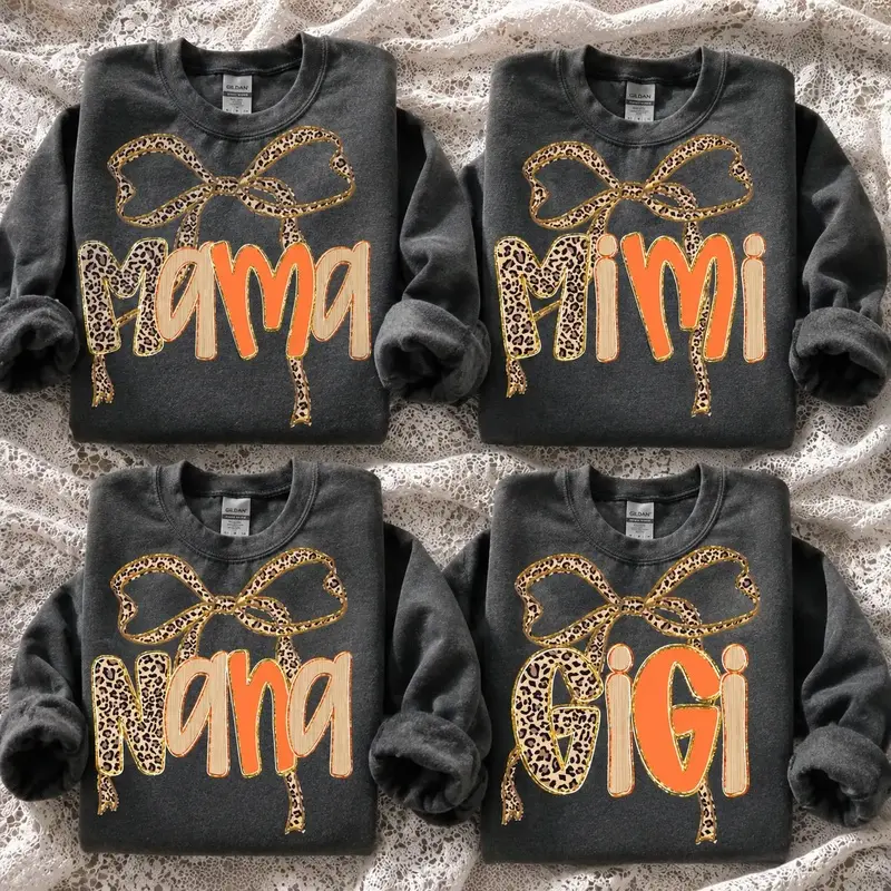 Women's Casual Mama Mimi Nana Gigi Leopard Bow Crewneck Sweatshirt, Charcoal Coquette Top, Personalized Fall Gift  Grandma-Mom, Trendy Animal Print Family Top - JACKSON HOAI STORE, Sweatshirts  Women