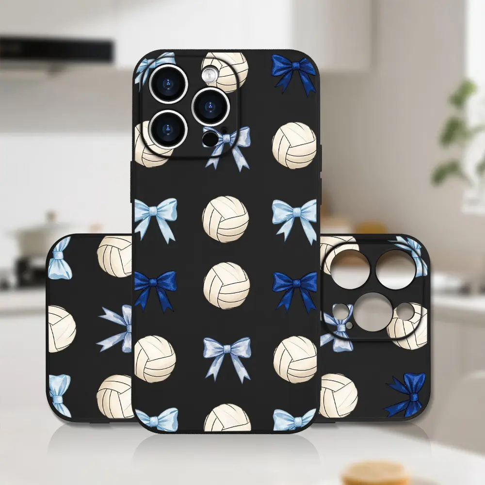 Volleyball and bow-pattern phone case featuring a shock-resistant, non-slip TPU design with full camera lens coverage; compatible with iPhone 17, 16, 15, 14, 13, 12, 11, XS, X, and other series models-an ideal gift for friends or family.