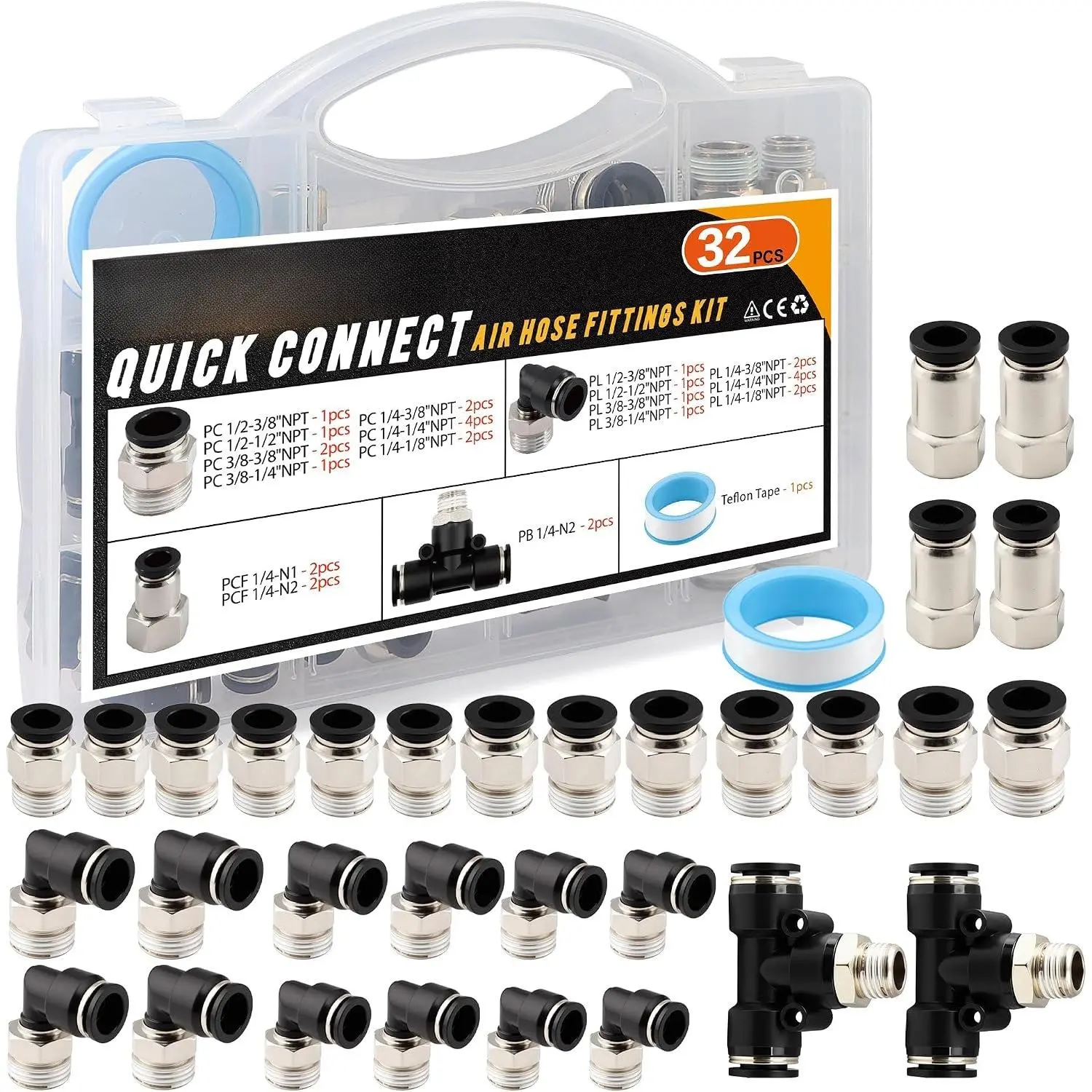32 count Push-to-Connect Air Fittings Kit | Leak-free 1/4, 3/8, 1/2 NPT Quick Connect Fittings,Tool-Free Install for  Pneumatic Repair and Shop Efficiency