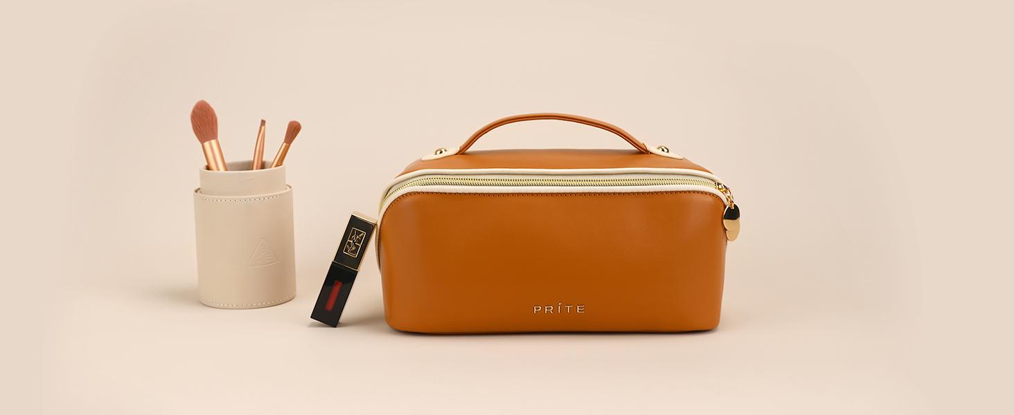 Prite Makeup Bag for Women Travel Waterproof Vegan Leather Cosmetic Bag Open Flat Toiletry Bag With Clear Divider and Handle (Beige)
