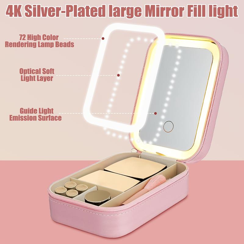 Makeup Bag with Mirror and Light Travel Makeup Train Case Cosmetic Bag, LED Makeup Mirror Case with 3 Adjustable Color Light Settings, Dust-Proof Jewelry Box, Mini Cosmetic Train Case Makeup Bag with Mirror and Light Travel Makeup Train Case Cosmetic Bag, LED Makeup Mirror Case with 3 Adjustable Color Light Settings, Dust-Proof Jewelry Box, Mini Cosmetic Train Case