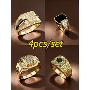 4 pack 18k gold plated mens diamond rings emerald onyx full pave greek key combo bands luxury business jewelry