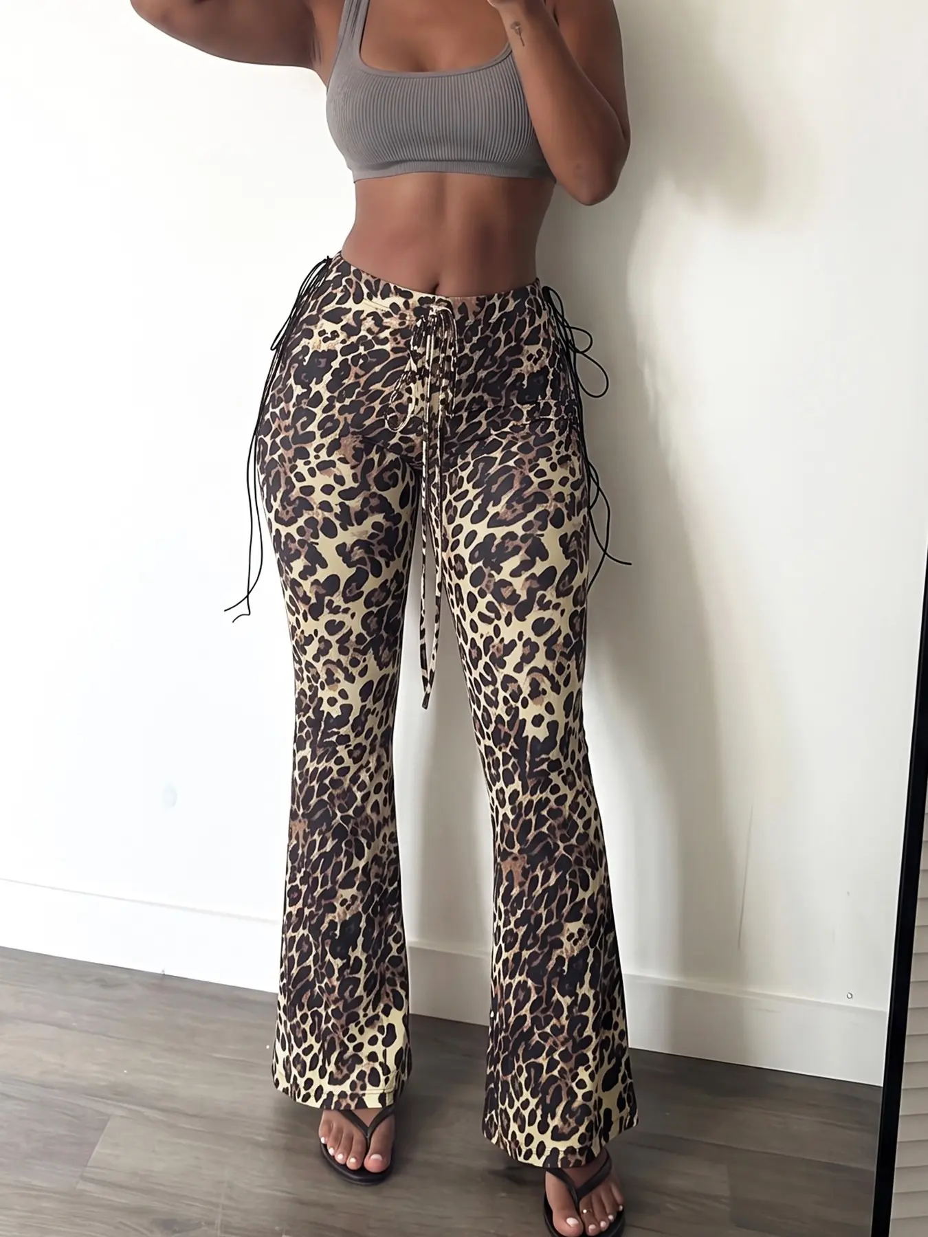 Women's Y2K Leopard Print Flare Pants, Sexy High Waist Drawstring Fashion Flared Pants Full Print Slim Fit Wide Leg Pants, Casual Daily Wear