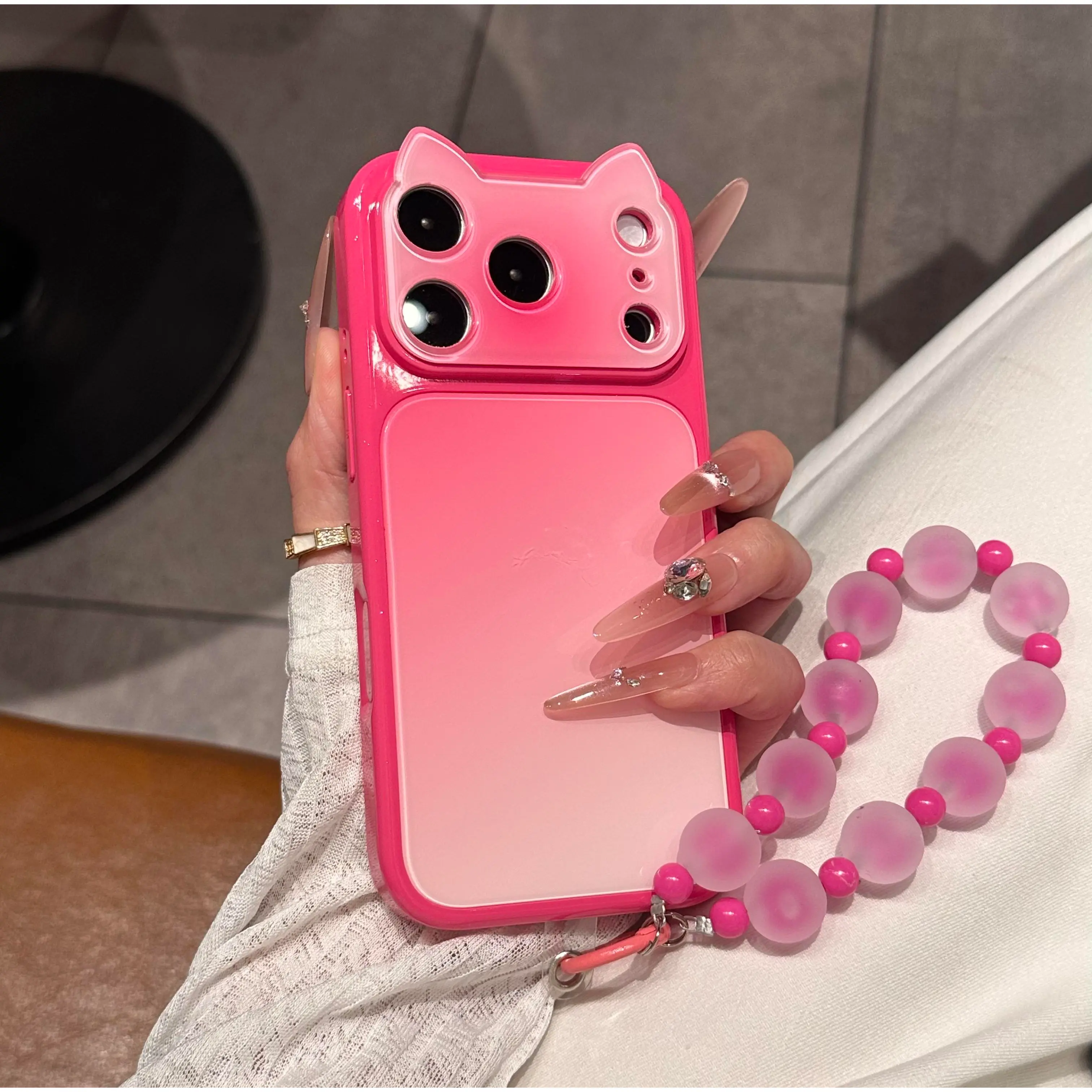 (Case & Nova) Cute 3D Cat Ear Gradient Smartphone Case, Full Camera Lens Protector, Shockproof Soft Cover with Beaded Wrist Strap, Handheld Mobile Accessories for iPhone 17 Pro Max, 16 Plus, 15, 14, 13 Devices Protection ver.2