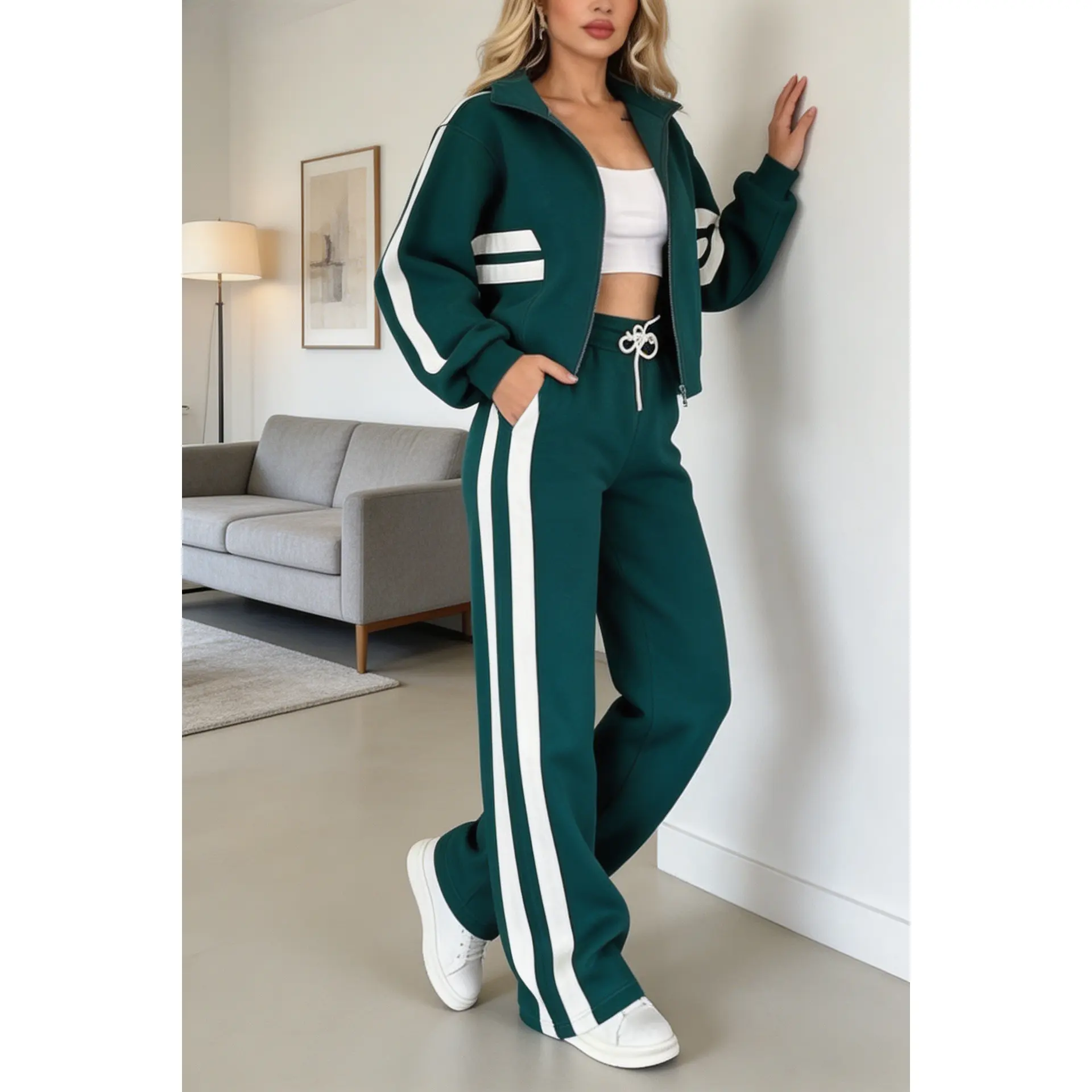 Women 2026 Fall Y2K Striped Zip‑Up Jacket Casual Sports Outfit, 2 Pieces Tracksuit Set for Ladies