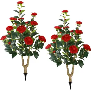 Summer garden 35.5" Artificial Camellia Tree, Faux Red Camellia Flowers Plant with Spike,artificial flowers for outside for Spring Home Front Door Outdoor Indoor Decoration living room decor (set of 2)