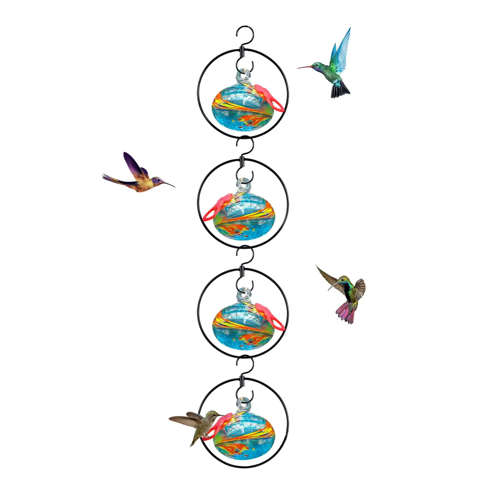 4 Pack Vibrant Hand Blown Glass Circular Hummingbird Feeders for Outdoor Hanging, with 4 Adjustable Silicone Perches, Never-Leak Bird Feeding Tools, Hanging Hooks Included, Gardening Gifts for Mothers, Sisters, Grandparents