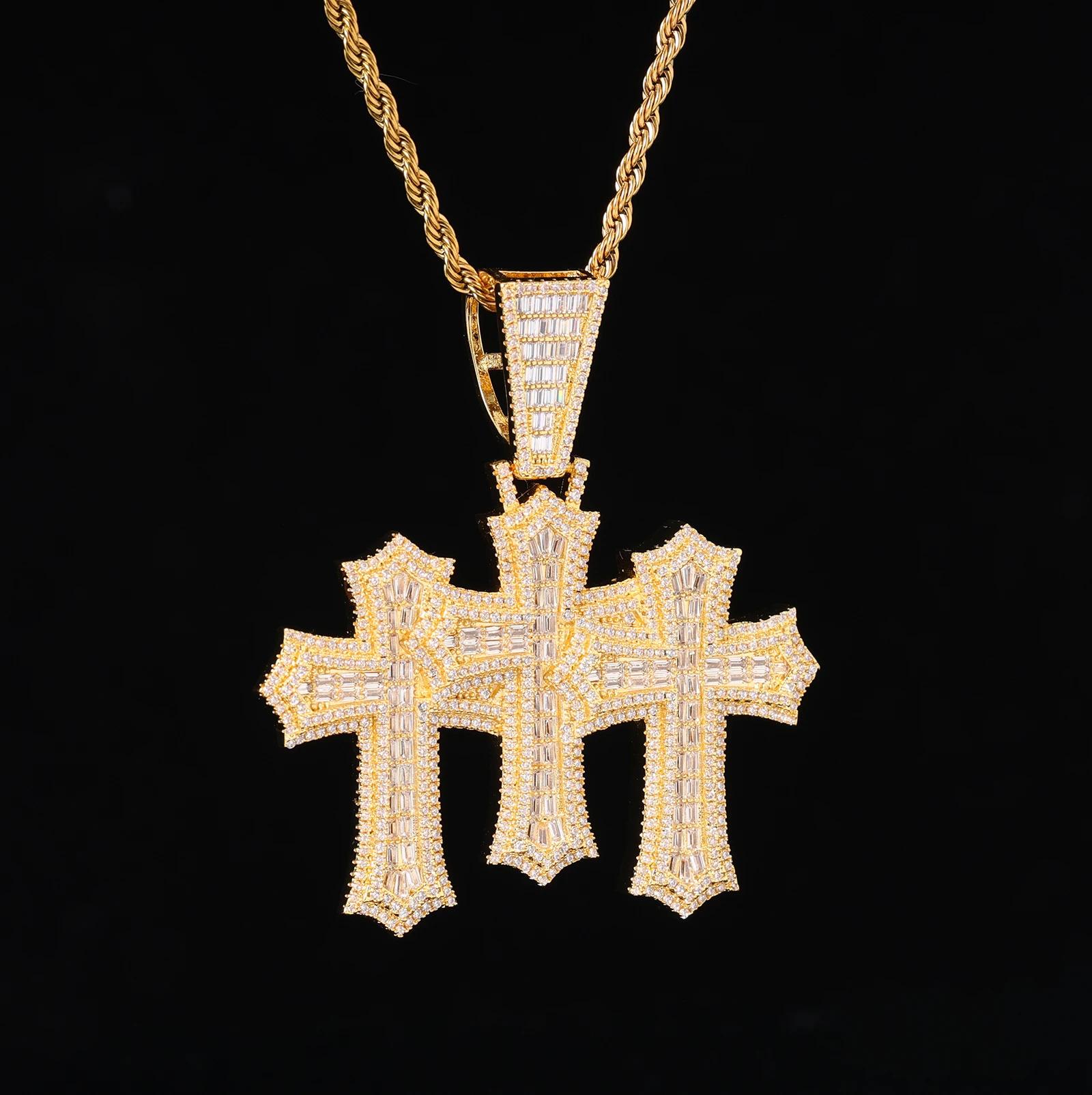 Iced Out New Fashion Baguette Triple Cross Clustered Pendant High Quality Triple Micro Pave Bling CZ Charm Pendant Necklace for Men