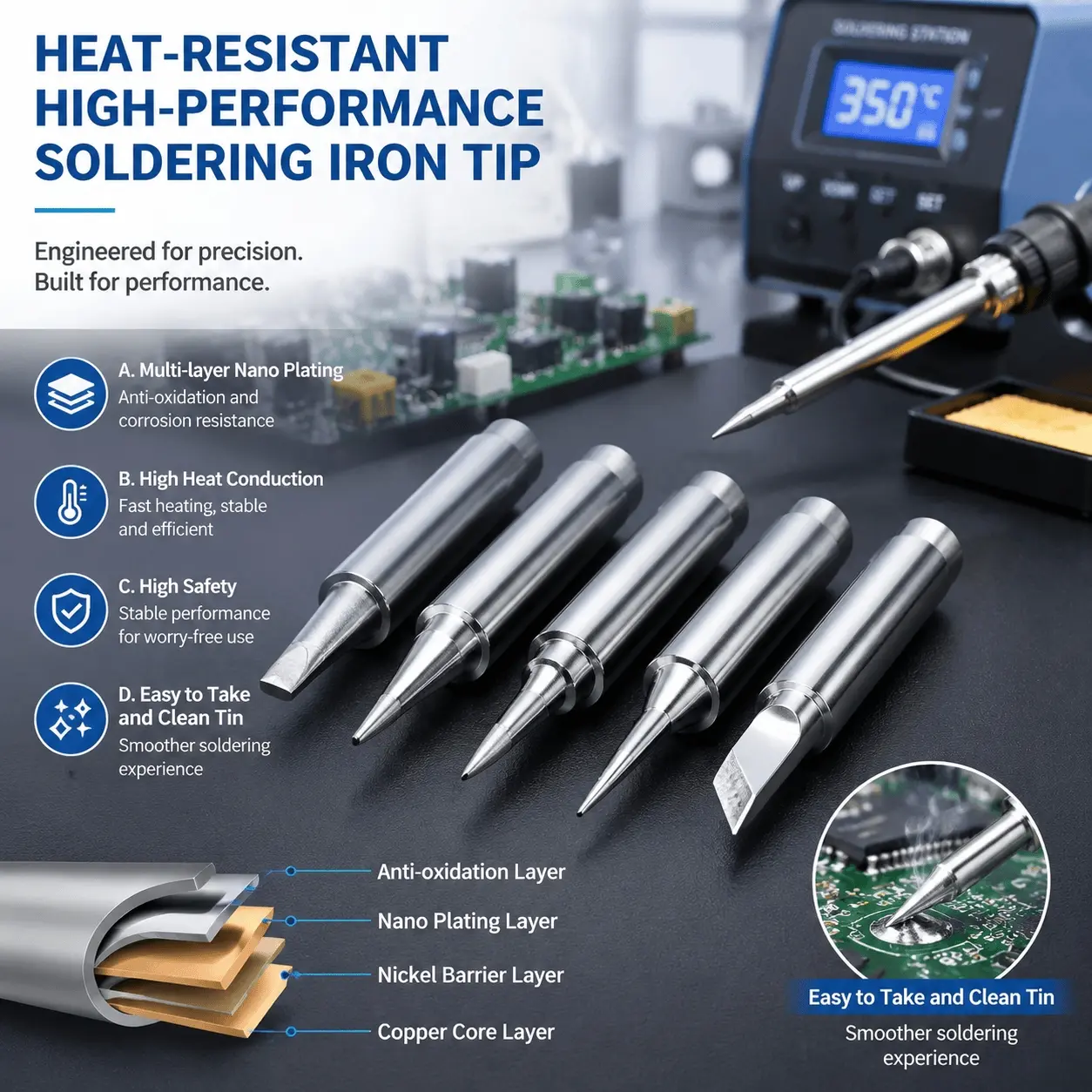 5/10pcs Nickel-Plated Copper Soldering Iron Tips, High-Temperature Resistant, Efficient Heat Conduction for PCB Repair, Durable Anti-Oxidation Tips, Multi-Size Welding Accessories, Home Appliance Tools
