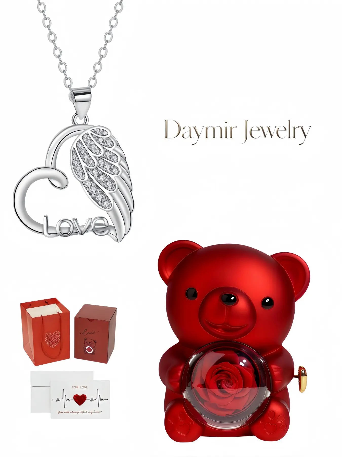 Heart Wing Promise Necklace, vintage versatile heart angel wing pendant engraved with LOVE and paved with diamonds. Packaged in lovely rotating rose bear jewelry box, a wonderful surprise gift for birthdays, Mother’s Day, Valentine’s Day and Christmas.