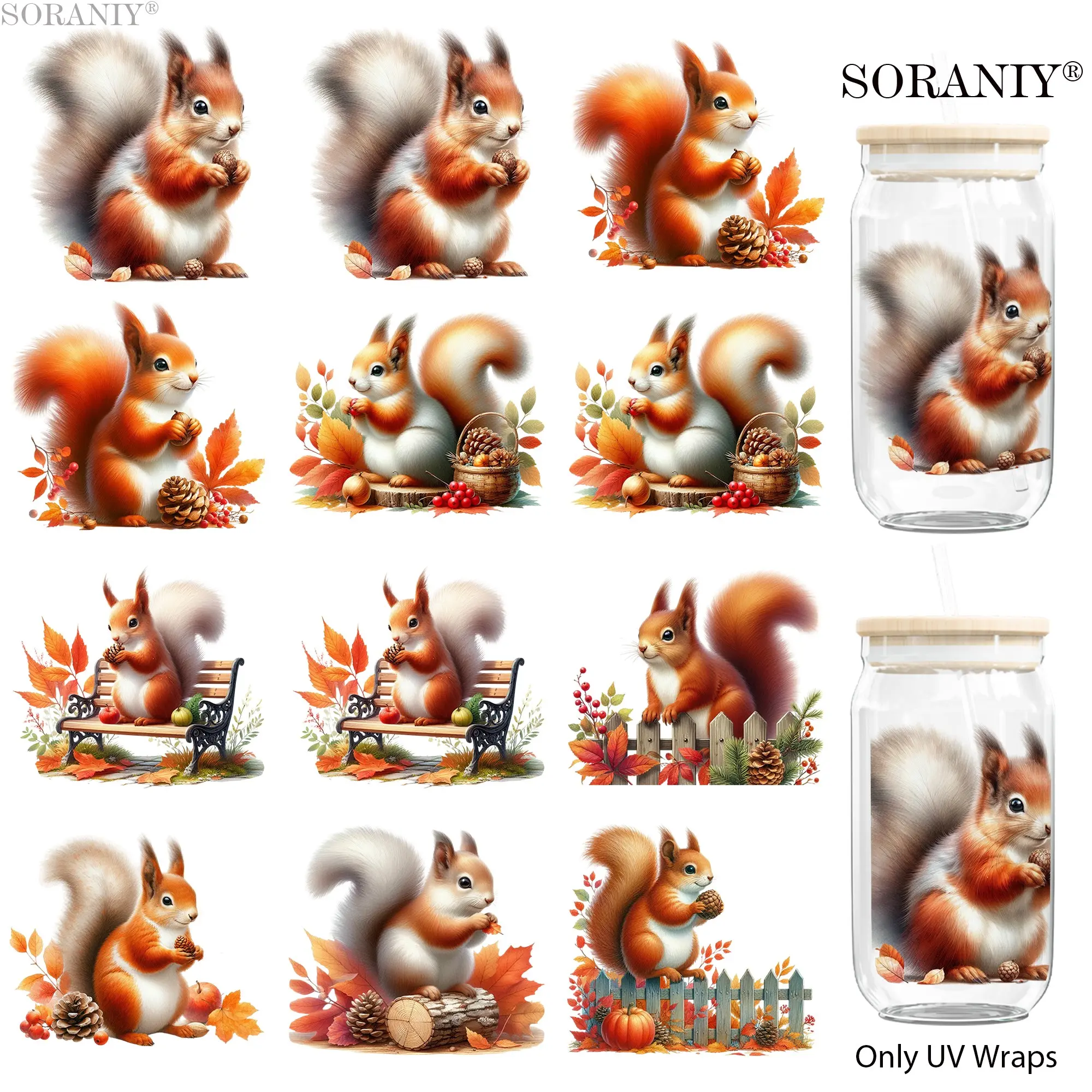 UV DTF Water Cup Sticker Set, 12 Fall Squirrel Theme Waterproof Stickers, DIY Transfer Paper for Cups Bottles Furniture Frames Decor Gifts