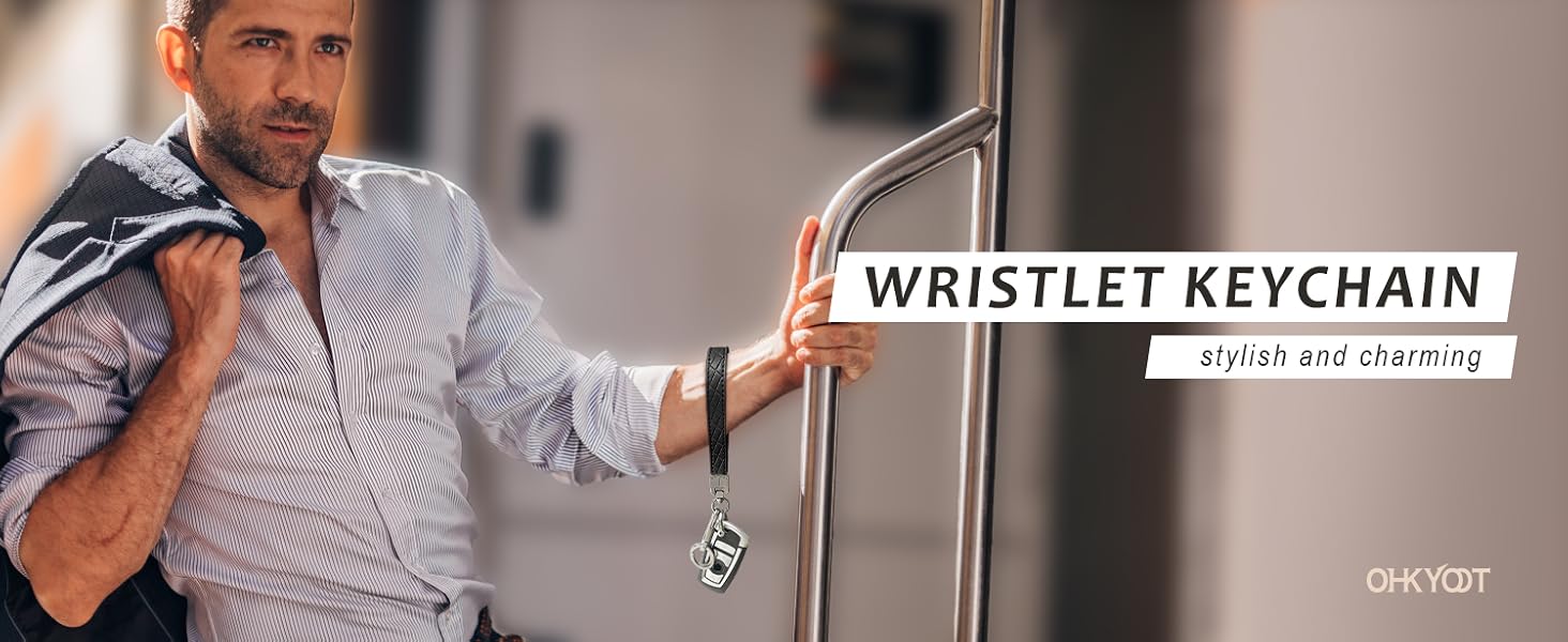 Leather Wristlet Keychain,Car Key Chain Wrist Keychain with 3 Key Ring and Anti-Lost D Ring (Purple)