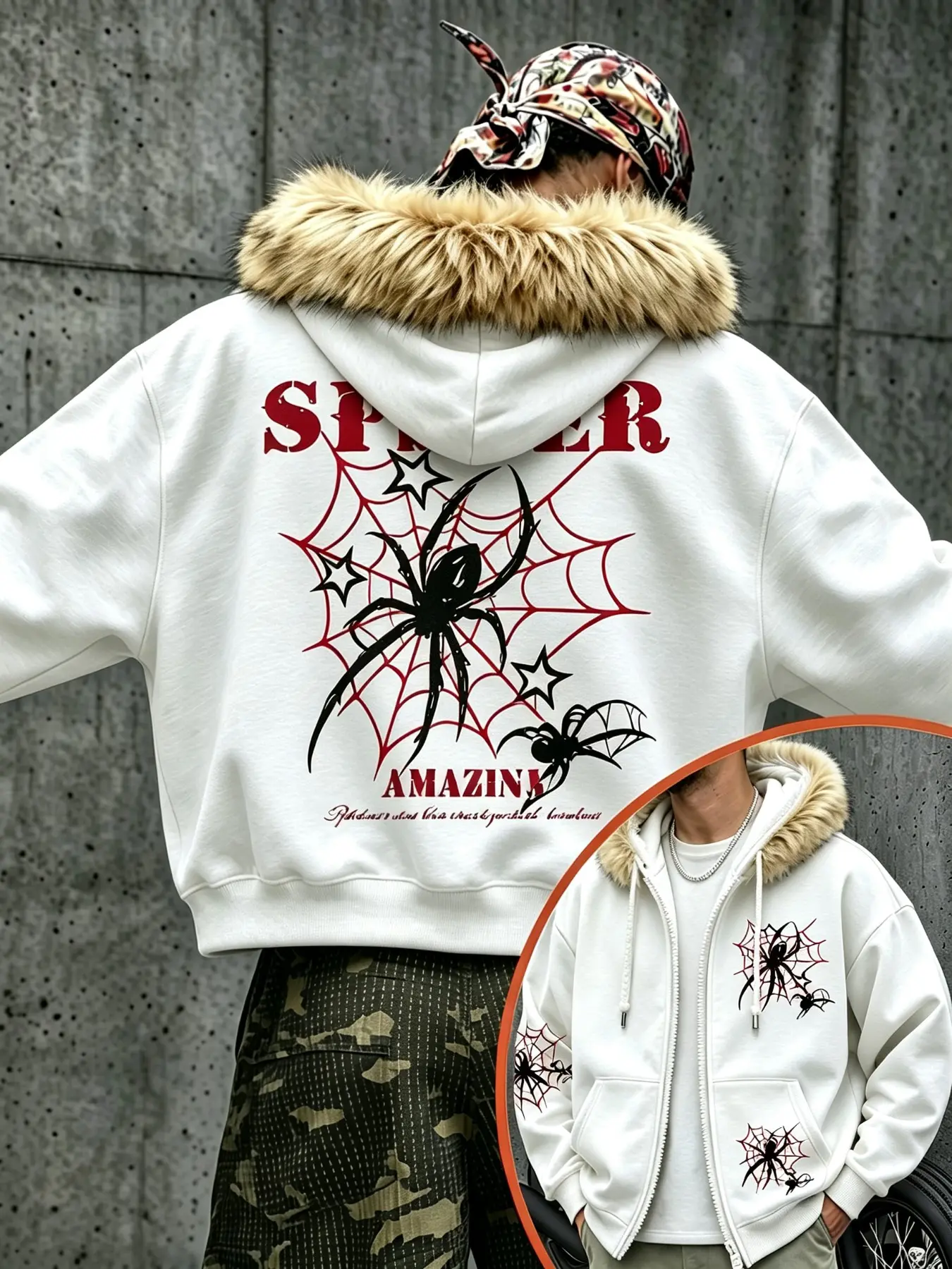 Unisex zip-up hooded jacket with detachable faux fur collar, stylish spider and cobweb graphic printed on front and back. Oversized loose silhouette, vintage gothic hip hop streetwear outerwear. men clothing, menswear clothing, accessories for men, ropa c