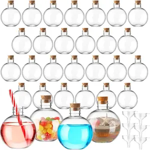 30 Pcs 6 oz 200ml Ball Shape Clear Plastic Sand Art Bottles, Spherical Potion Bottles Christmas Cocktail Ornament Balls for DIY Wedding Party Gift Crafts Decoration, Wood Color with Cork