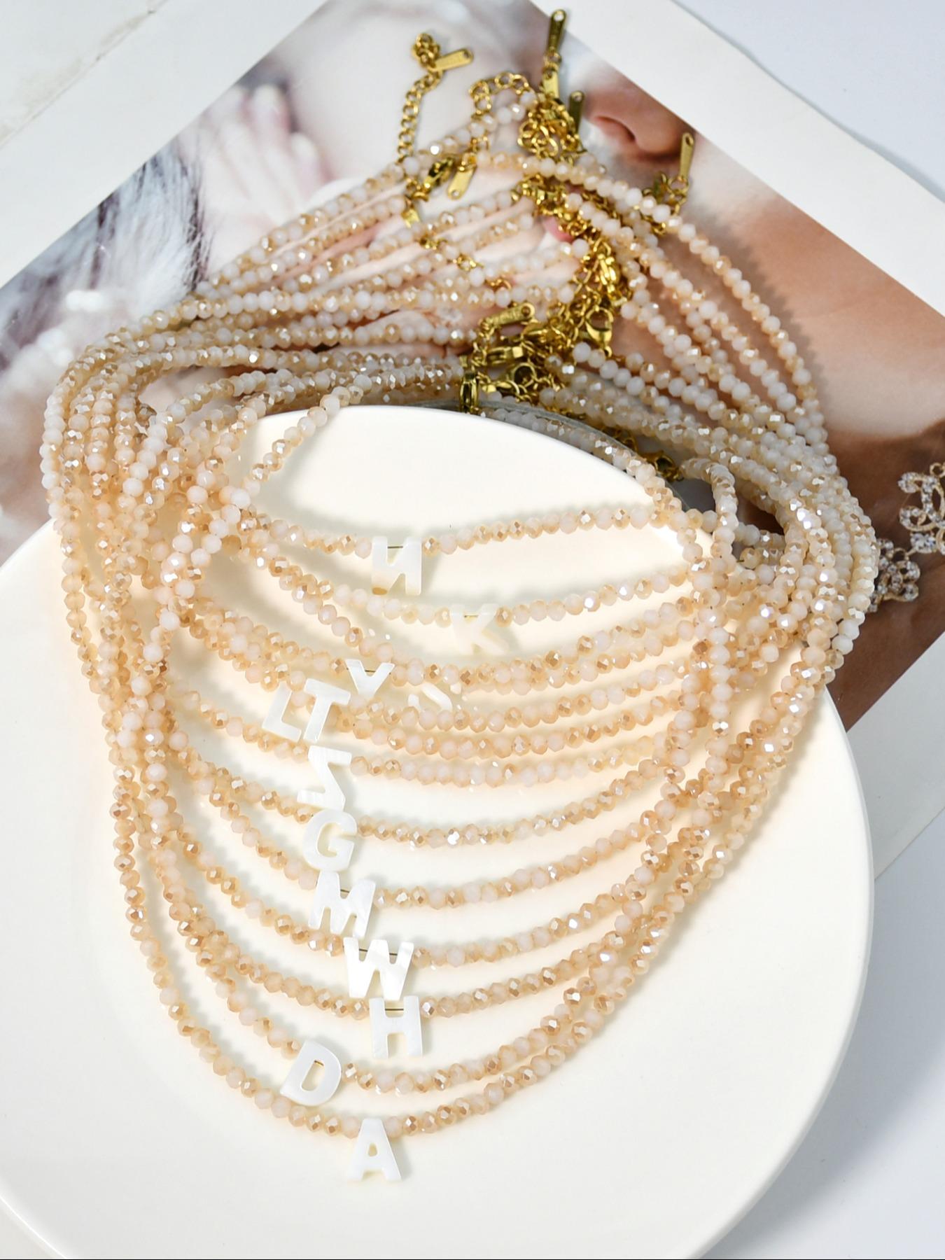 Elegant Shell Letter Pendant Necklace with Artificial Crystal Beaded Chain, Stylish Stainless Steel Jewelry, Perfect Fashion Accessory for All Seasons & Gifting