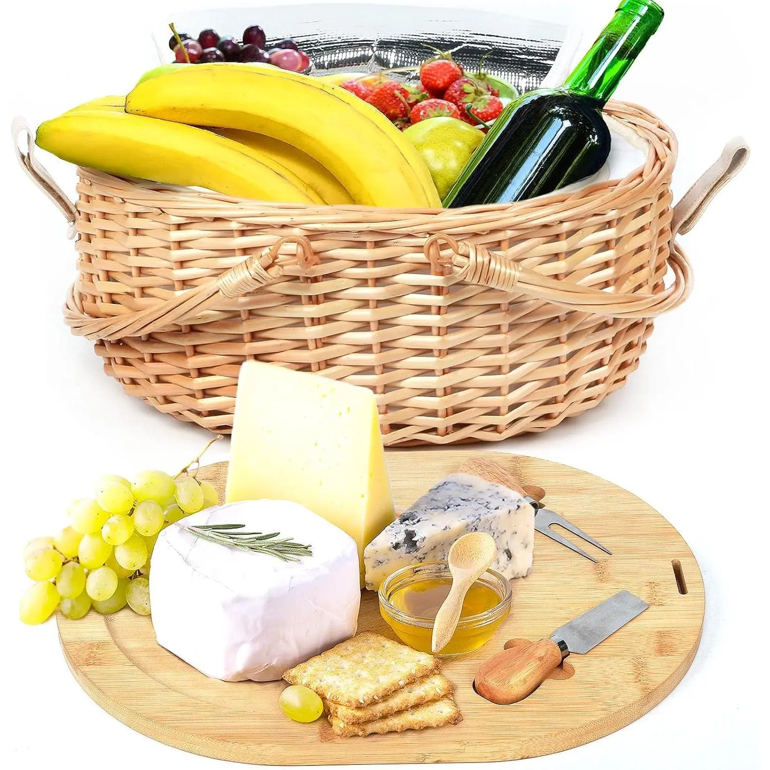 Wicker Picnic Basket Set with Charcuterie Boards for 2 -  Gifts Ideas for Couple, Engagement, Wedding, Bridal Shower, Family, Christmas, White Elephant Gifts for Adults(Y2408A-1)