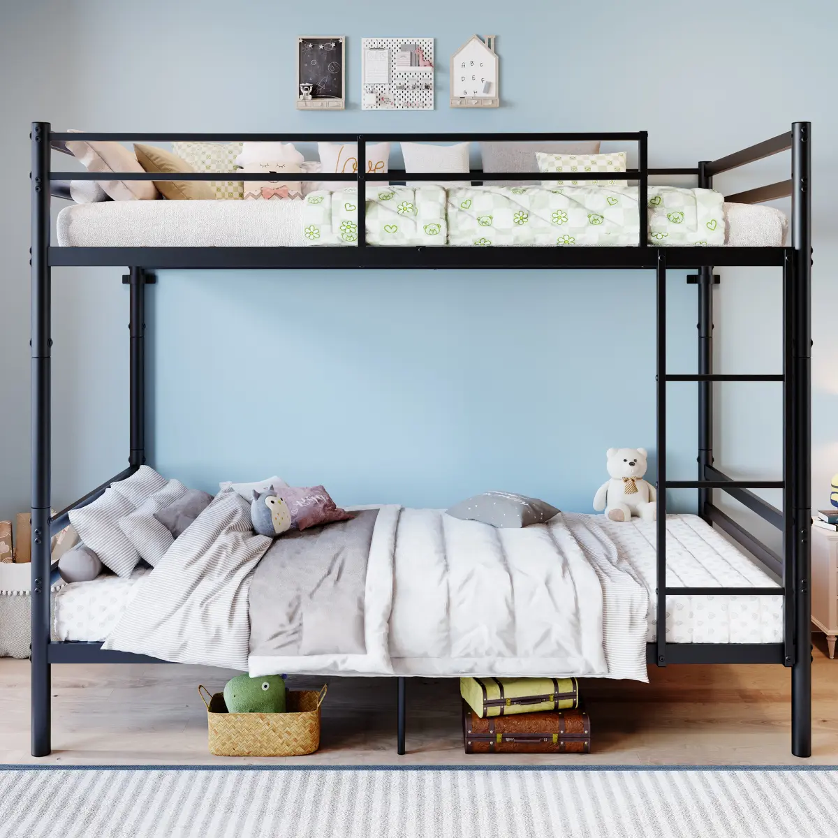 Bunk Bed with Ladder and high Guardrail, Able to Split, Metal Bunk Bed, Storage Space, Noise Free,Twin Over Twin Size,Black