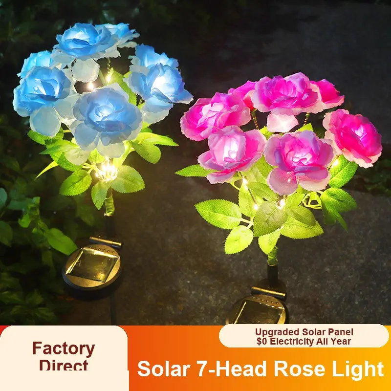 7-Head LED Solar Rose Flower Lights, 7-Head LED Artificial Rose Bouquet, Waterproof Garden Lights for Valentine's Day, Wedding, Patio, Yard & Holiday Outdoor Decoration