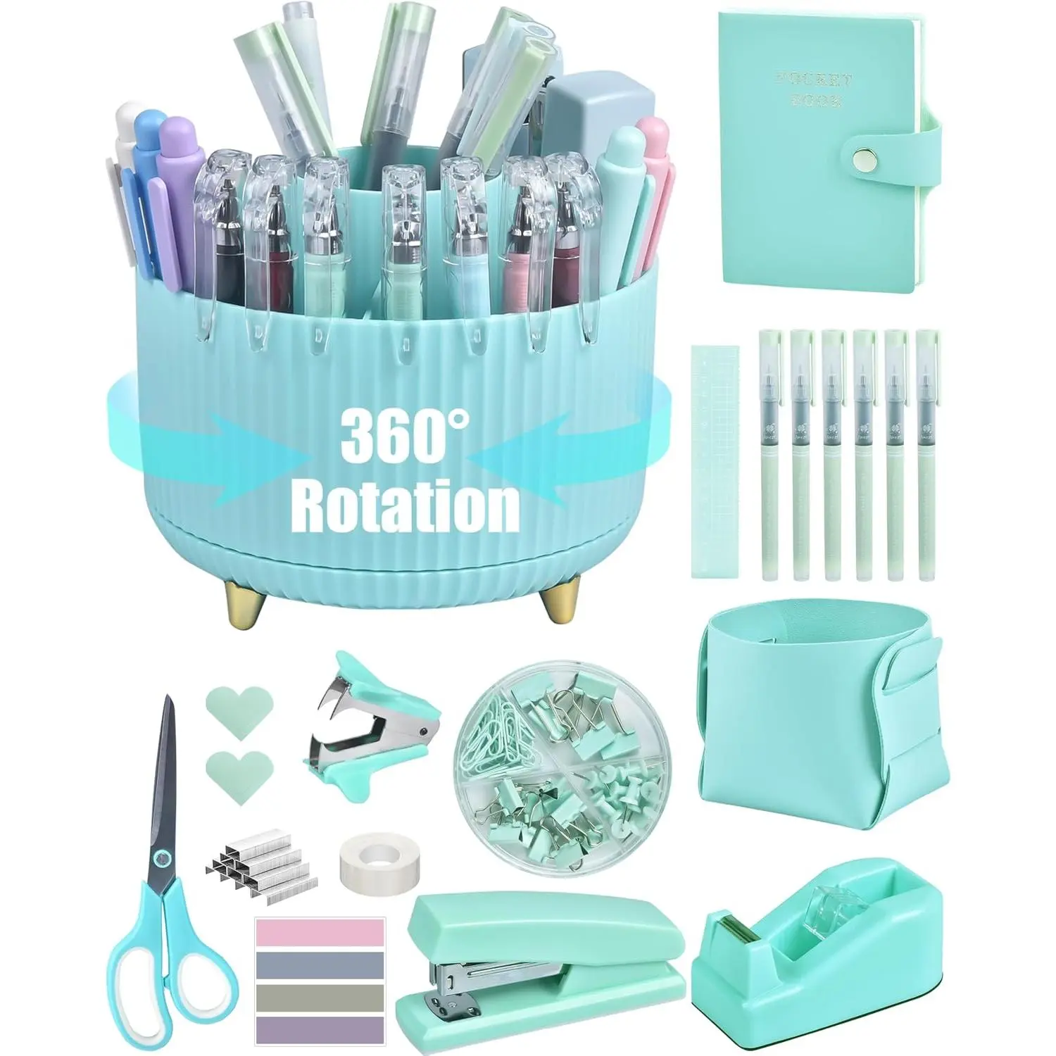 Green Desk Accessories, 20 count Office Supplies and 360°Pen Holder Desk Organizers, With Tape Dispenser, Stapler, Staple Remover, Ect, Let the Color Green Fill Your Desktop