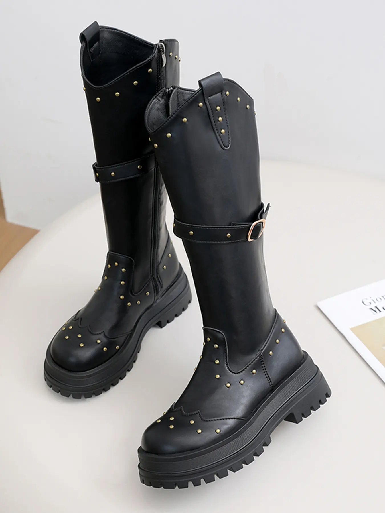 Black Knee High Platform Boots Gold Studded Buckle Side Zipper Chunky Lug Sole Punk Goth Combat Boots