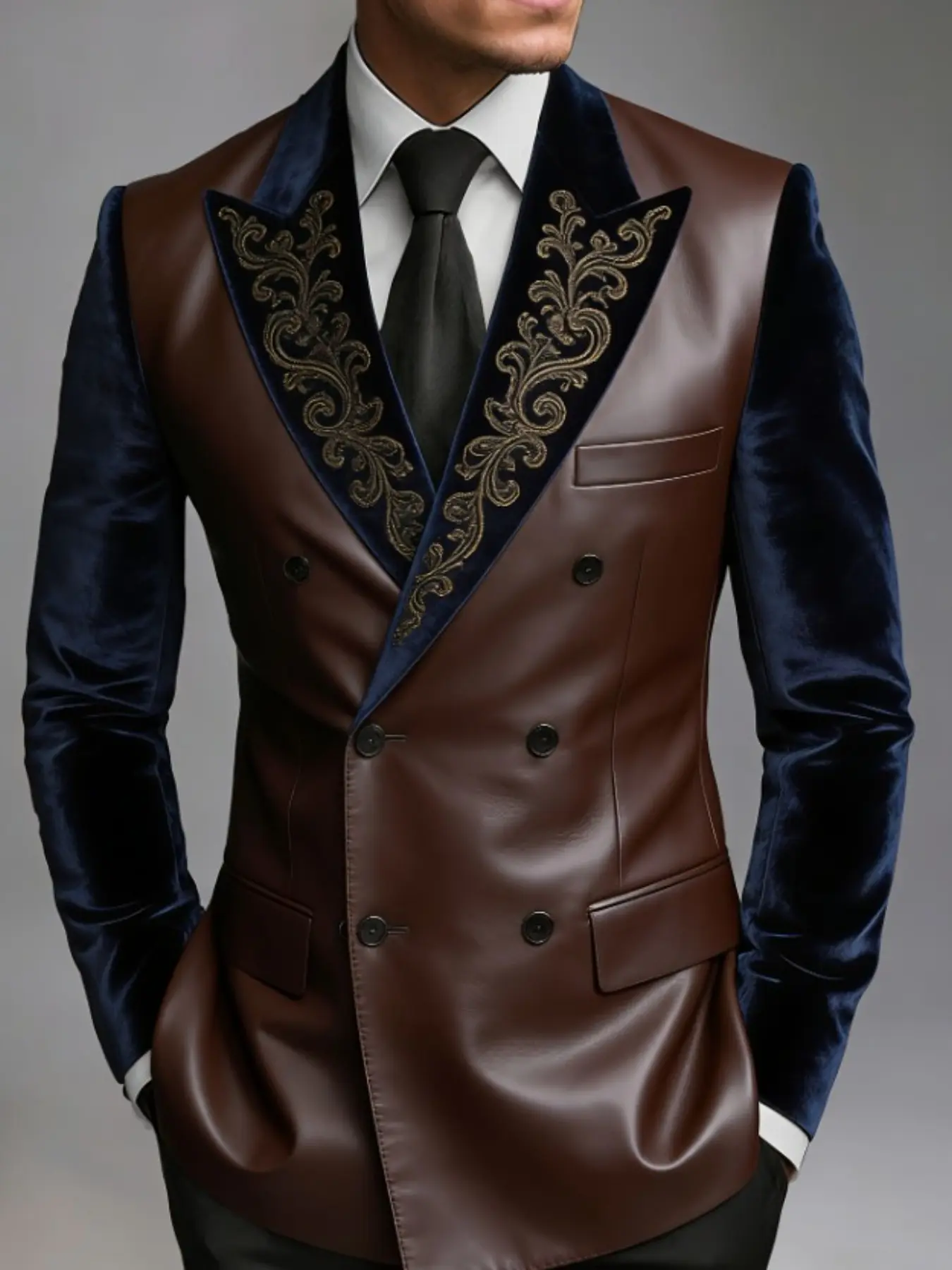 Ainwear Men Faux-Leather Velvet Splice Blazer, Print Lapel Suit Jacket, Casual Plaid Pattern, All Seasons Outerwear