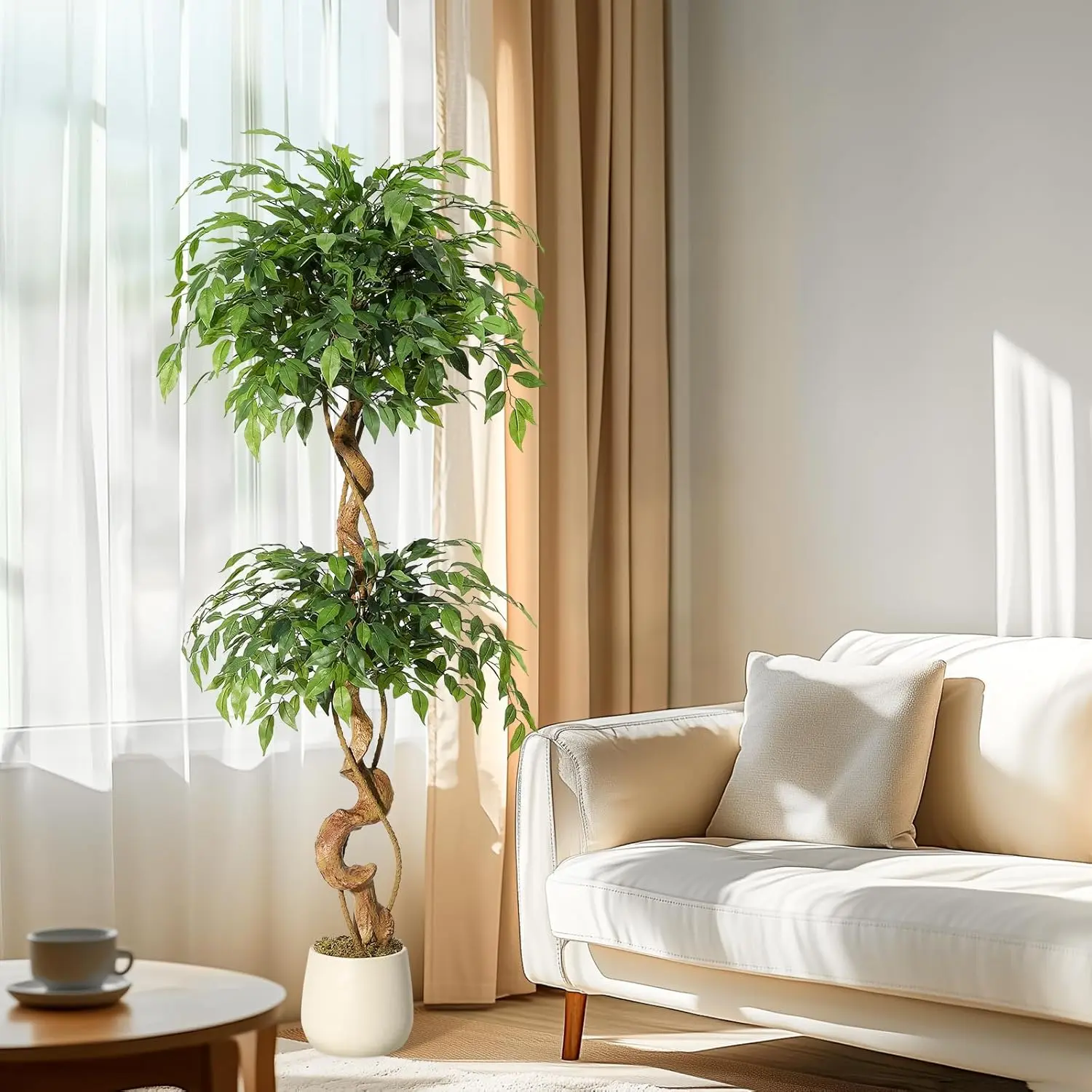 Ficus Artificial Tree with Curved Trunk, 5FT / 6FT Faux Plant Fake Silk Trees with White Pot, Fake Ficus Tree for Home Decor, Artificial Plants Indoor for Office Living Room