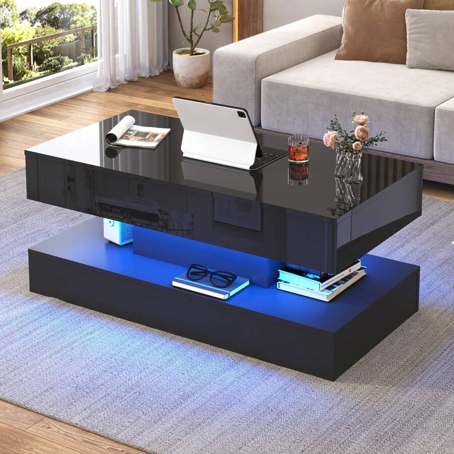 39.4"/47.2" Large Lift Top Coffee Table with Charging Station & LED Lights, Modern High Glossy Center Table with Hidden Compartment Storage for Living Room