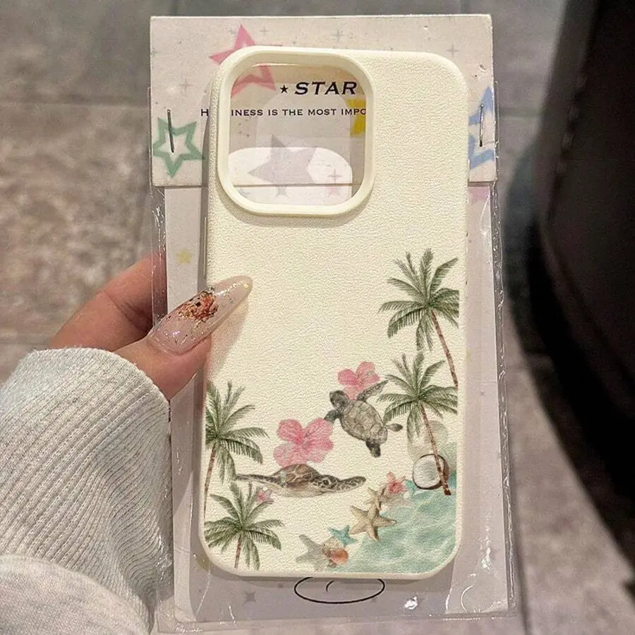 Tropical Sea Turtle Palm Tree Phone Case Coastal Ocean Floral Clear Cover with Shockproof Protection for iPhone 17 16 15 14 13 12 11 X Plus Pro Max Beach Lover Gift