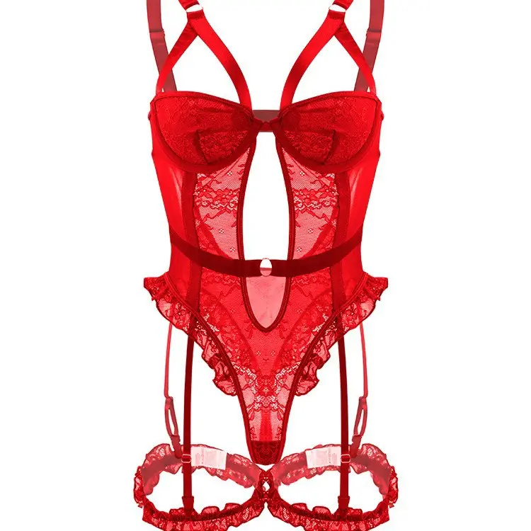 2026 Sexy Lace Two Piece Bodysuit Push Up Bra Open Back Steel Ring Underwire Transparent Lingerie Set For Women