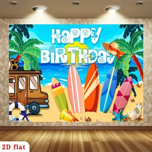 2D Flat, [PARTY BANNERS] 2D Flat Banner, 1pc Happy Birthday Beach Surfboards Palm Trees Van Seashells Sunny Blue Polyester Backdrop, for Party Decor Farm, Garden, Home, Room, Club, No Electricity, This Is a Won