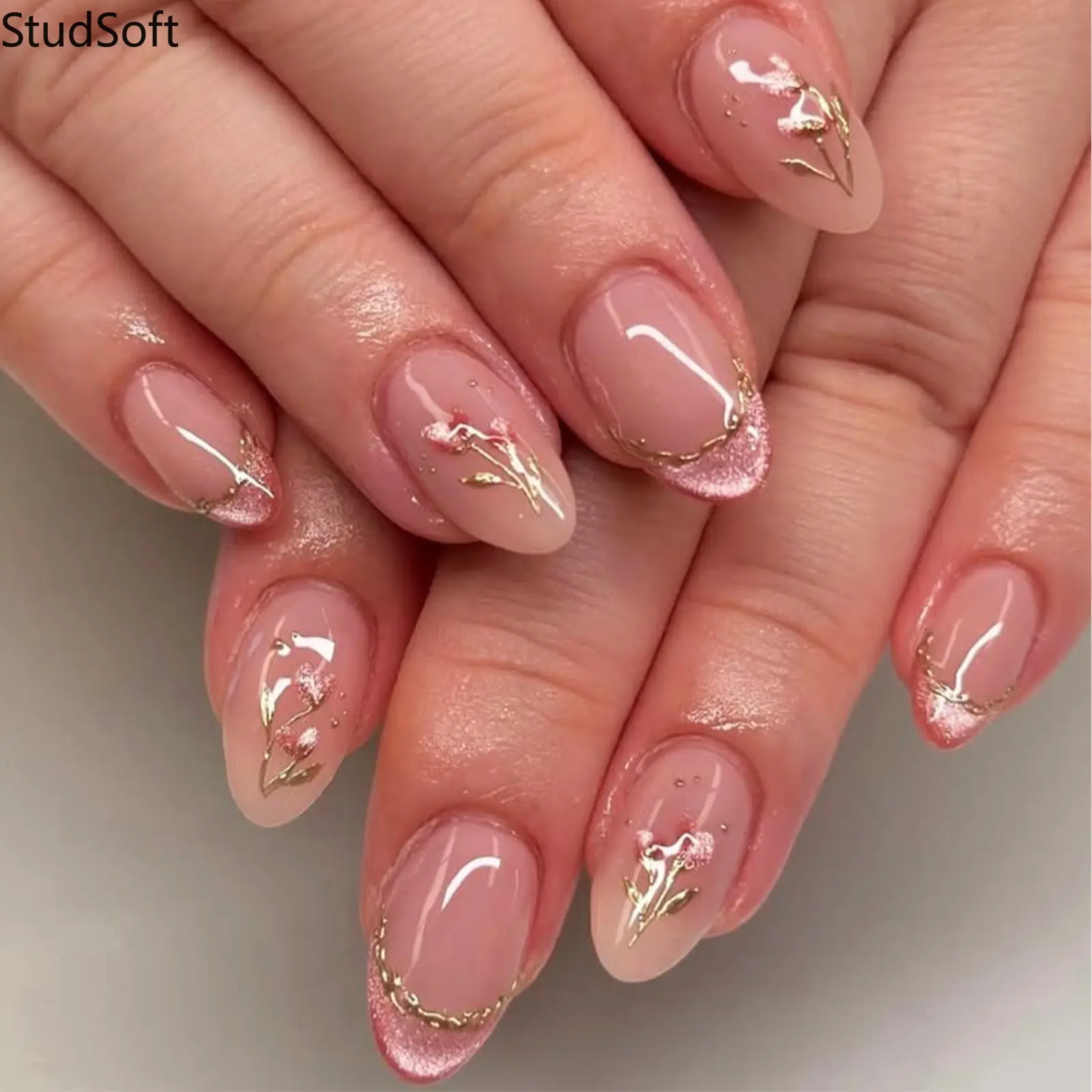 24pcs Press on Nails Medium Almond Nude Pink Fake Nails 3D Gold Tulip Ribbon Lines False Nails Elegant Glossy Wedding Gel Acrylic Nails for Women Girls,back to school,back to school haul