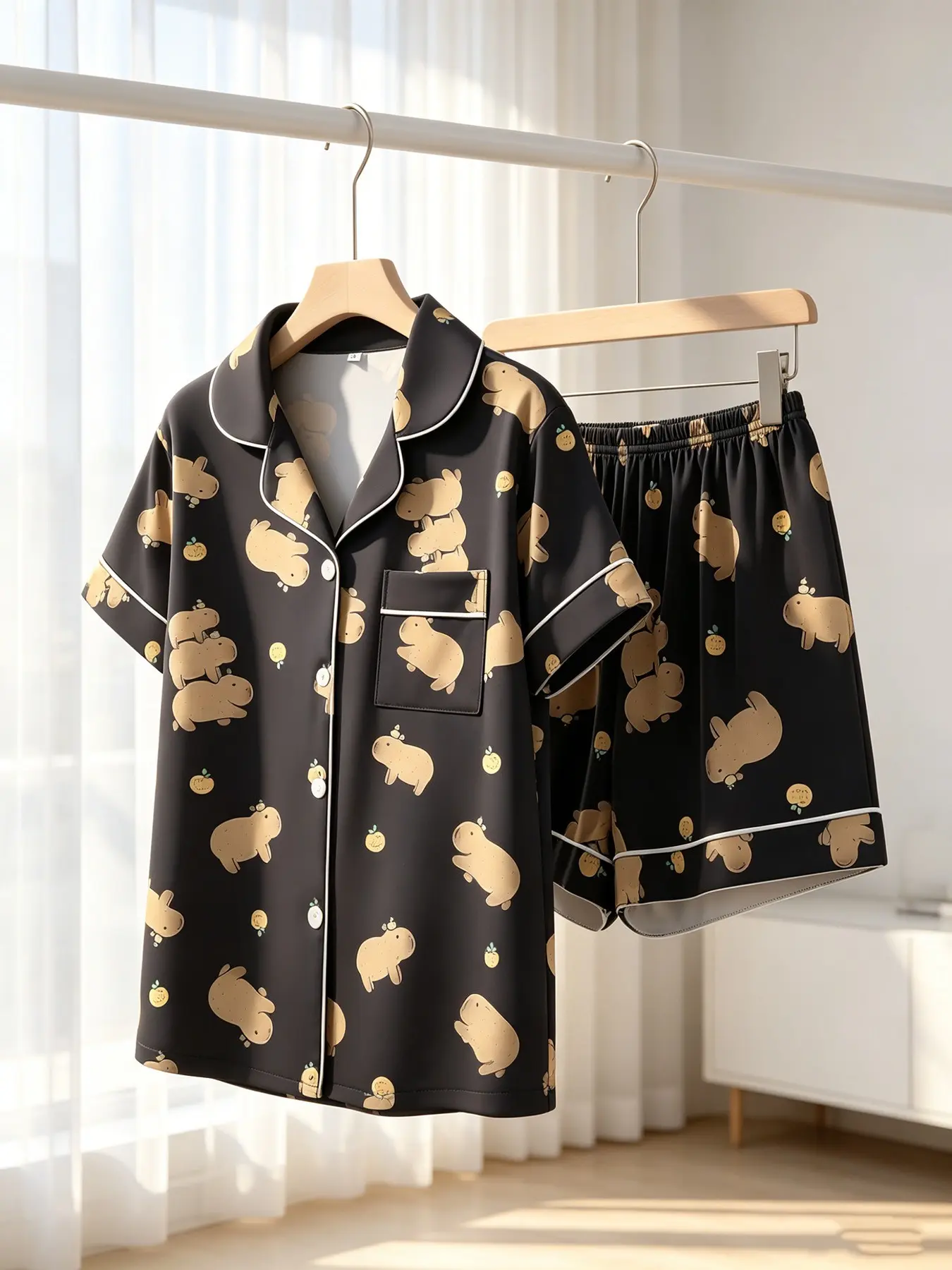Women's Button-Down Short Sleeve Top & Shorts Pajama Set, Black Capybara Print, Classic Collar, Spring Summer Wear, Loose Fit, Casual Lazy Day-to-Night Loungewear Homewear for Home & Casual Outings
