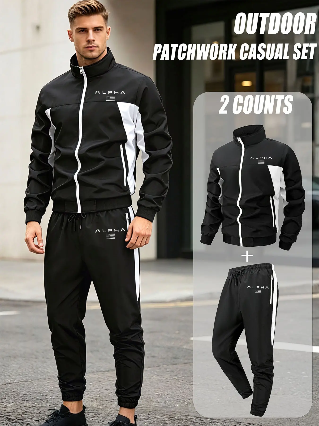 Men's Printed Stand-Up Collar Zipper Jacket with Drawstring Sweatpants, Contrast Color Casual Sweatpants with Stand-Up Collar Jacket, Zipper Pocket Design. Suitable for Outdoor Sports, Daily Leisure, Travel, Hiking, Etc.