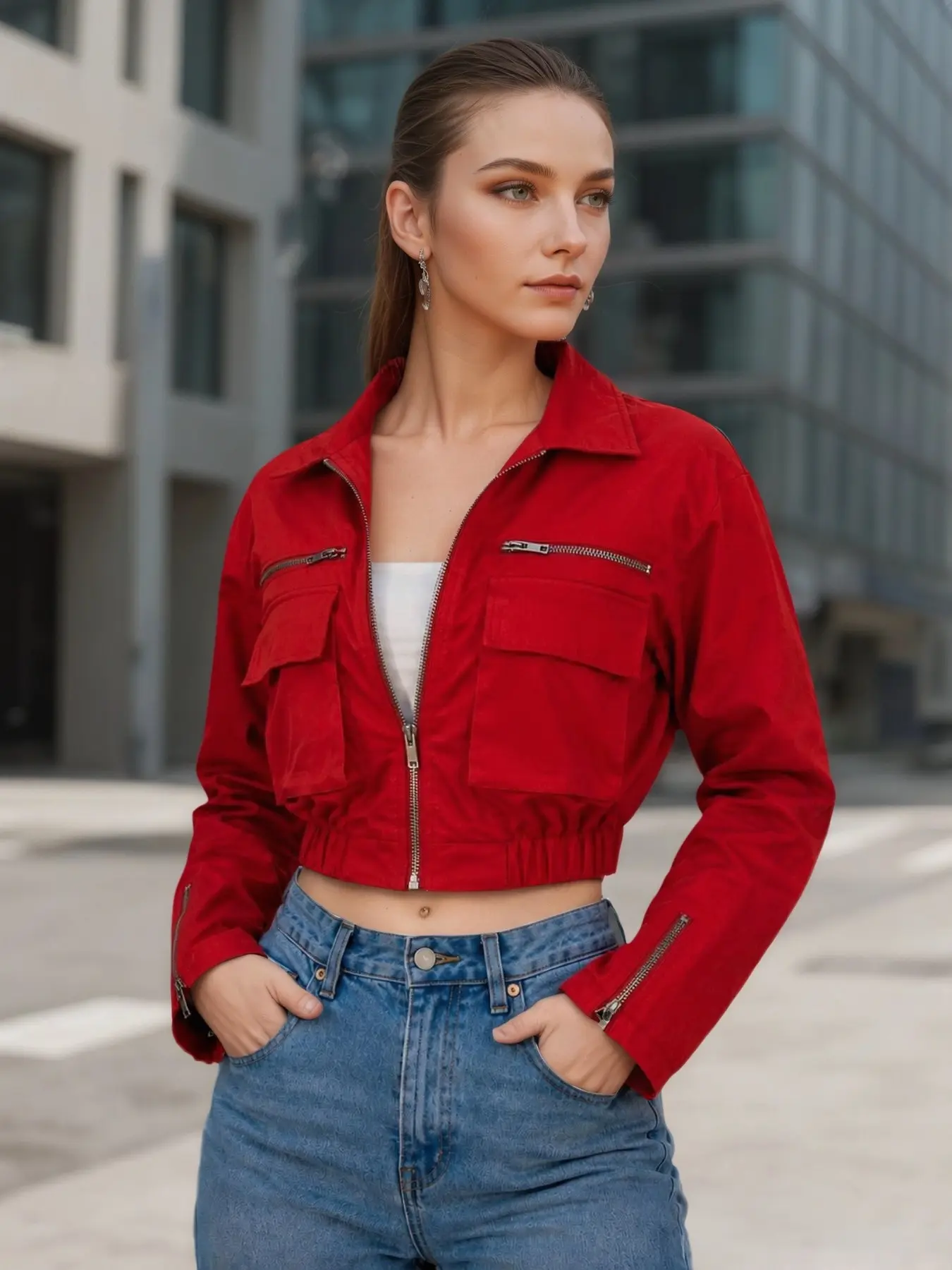 Women's Short Utility Jacket, Classic Collar, Full-Length Metal Zipper, Padded Pockets, Retro, High-Quality Material