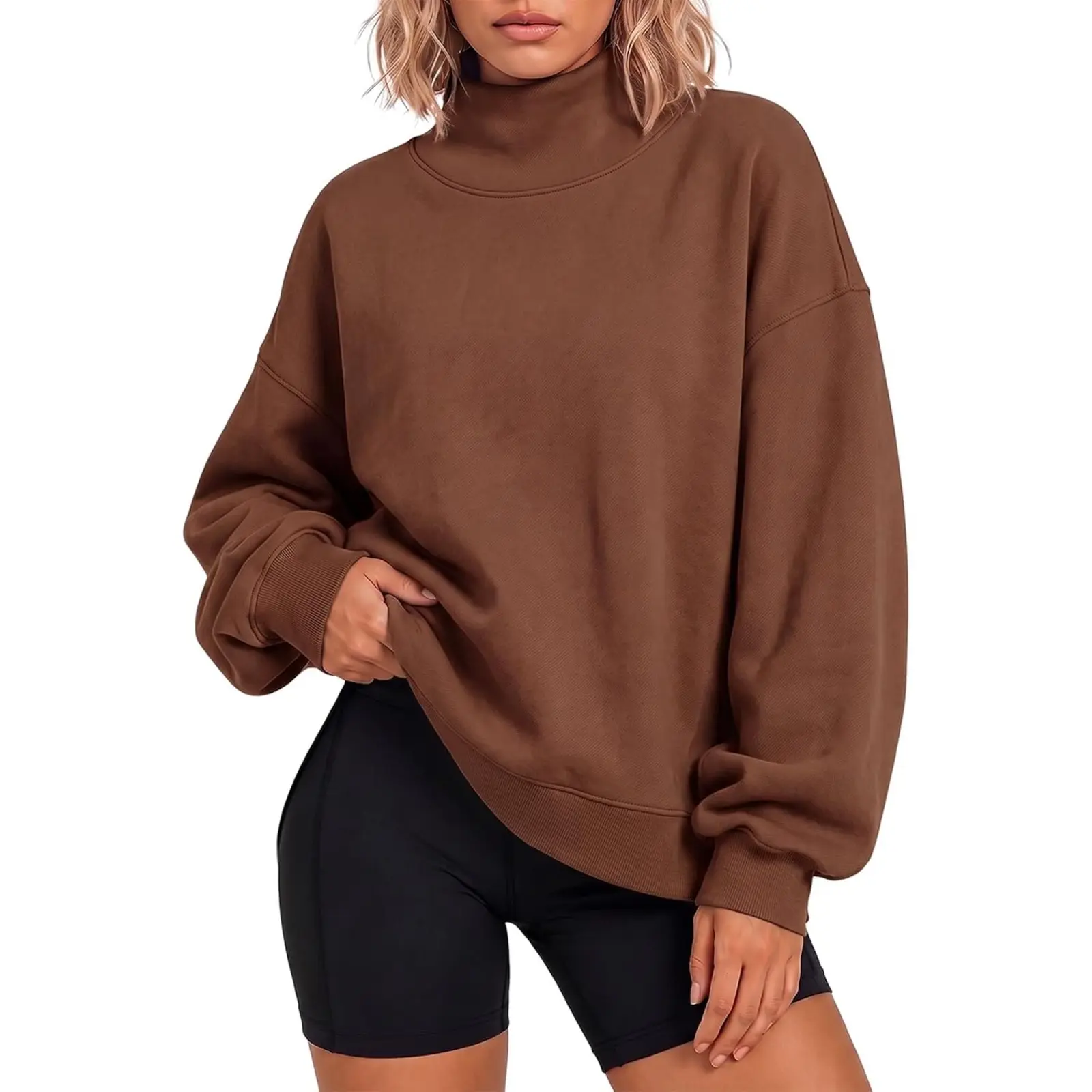 Flowyair Women's Oversized Minimalist Basic Sweatshirt - Mock Neck, Long-Sleeves, Side Slit Pullover with Pockets, Loose Drop Shoulder, Defined Seaming for Fall Winter Workout Everyday Style, Longsleeves