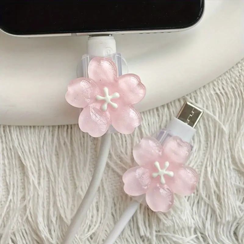2pcs Lovely Cherry Blossom Cable Protector for Mobile Phone, Data Line Protection Kit, Cute Gift for Birthday, Wedding, Halloween, Christmas