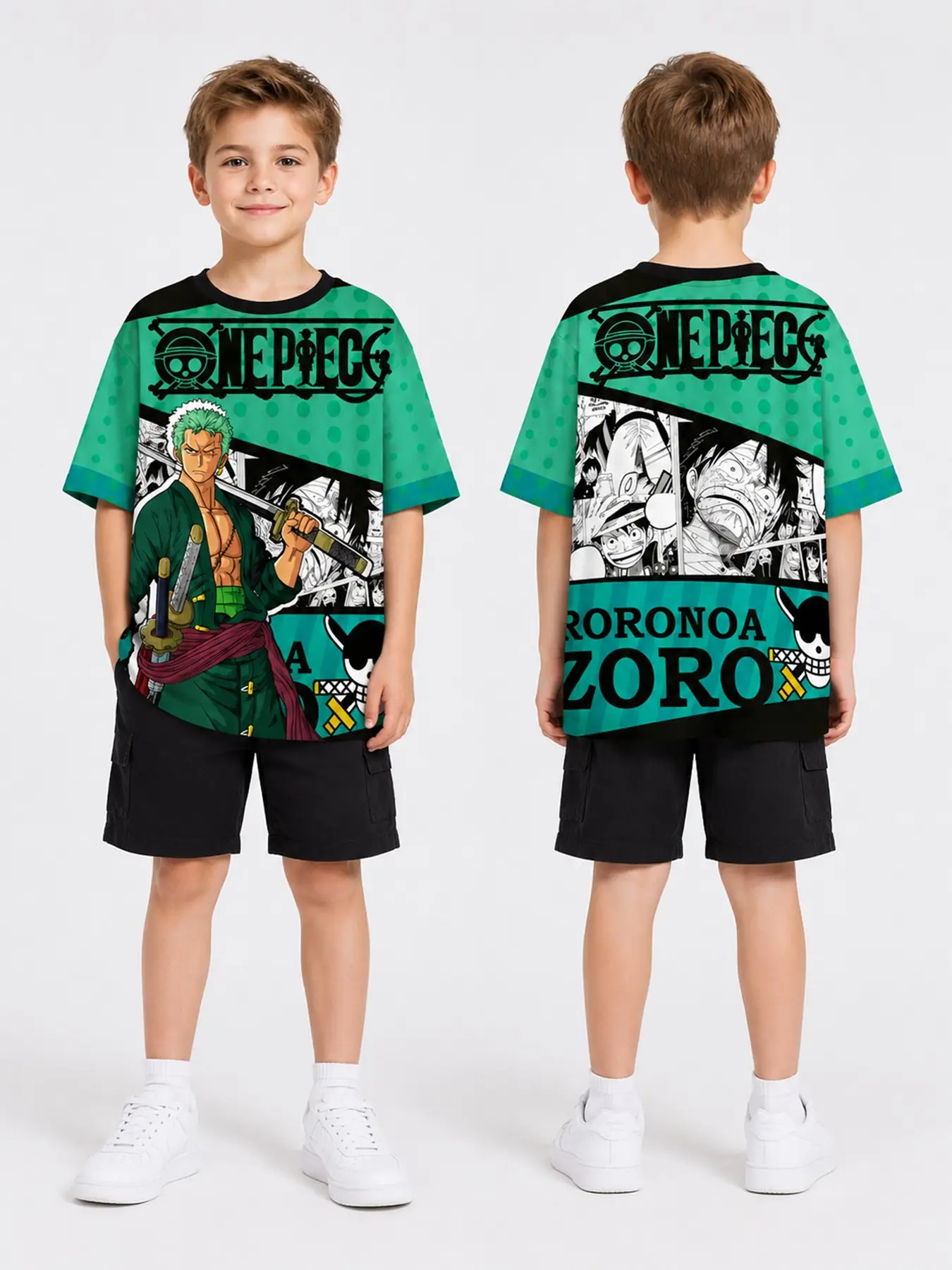 Anime One ONE PIECE Summer Short Sleeve T-Shirt, Luffy Zoro 3D Print Round Neck Top, Street Style for Kids 6-14 Years