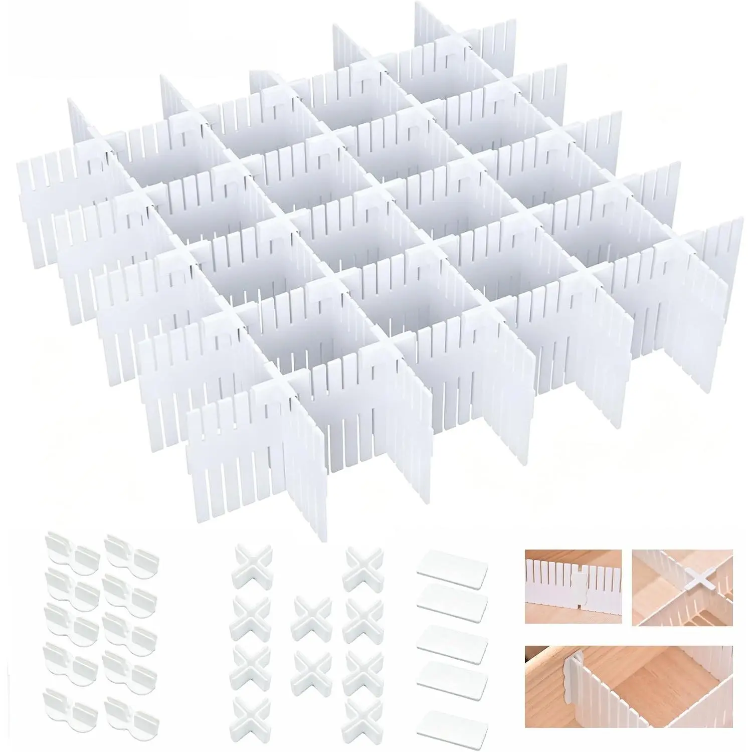 20 count with 25 Accessories, Adjustable Plastic Drawer Organizer Inserts, 12.6" x 2.76" x 0.08" White Interlocking Grid Separators for Dresser, Kitchen, Bathroom, Office & Craft Room Storage