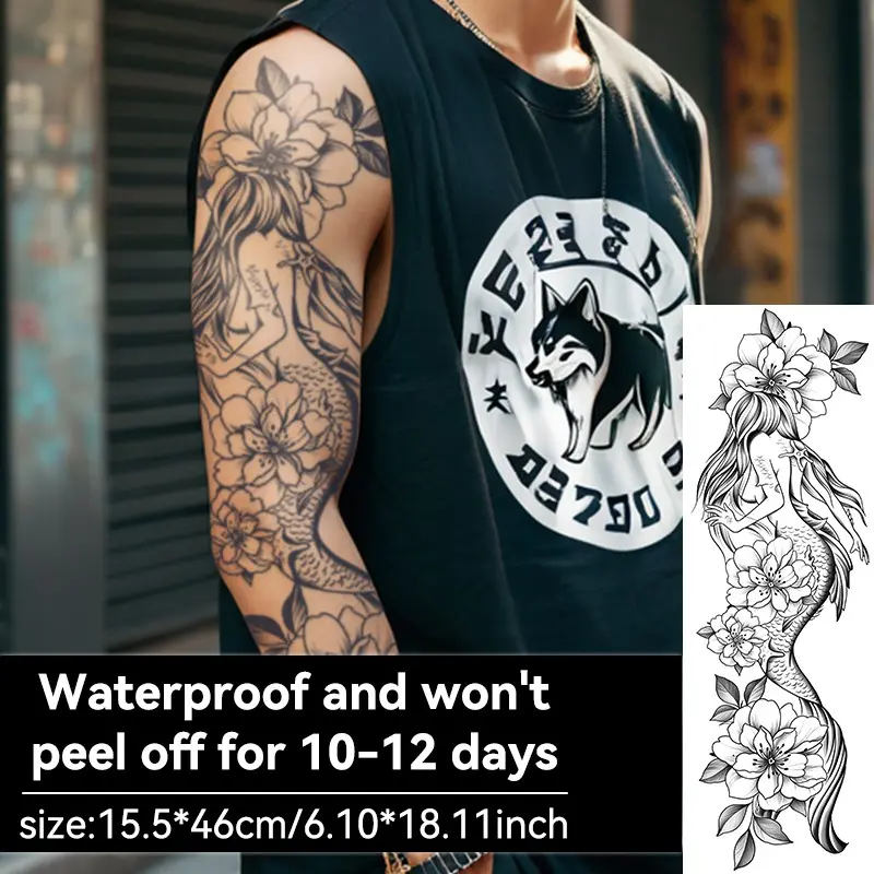 Mermaid Peony Traditional Large Tattoo Patch, Waterproof Temporary Tattoo, Long-Lasting, Herbal Tattoo, Semi-Permanent, Unisex, Arm, Leg, Chest, Back