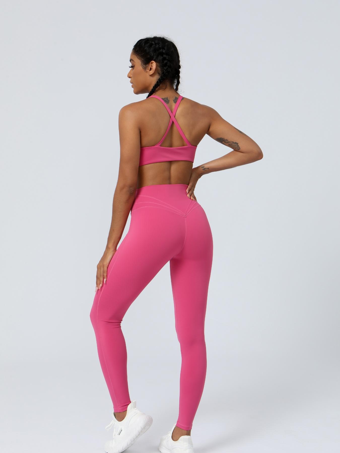 Women's Solid Criss Cross Back Crop Sports Bra & High Waist Leggings Tracksuit Set, Sporty Casual Breathable Outfits for Yoga Gym Workout Running, Ladies Sportswear for All Seasons Workout Running Clothes