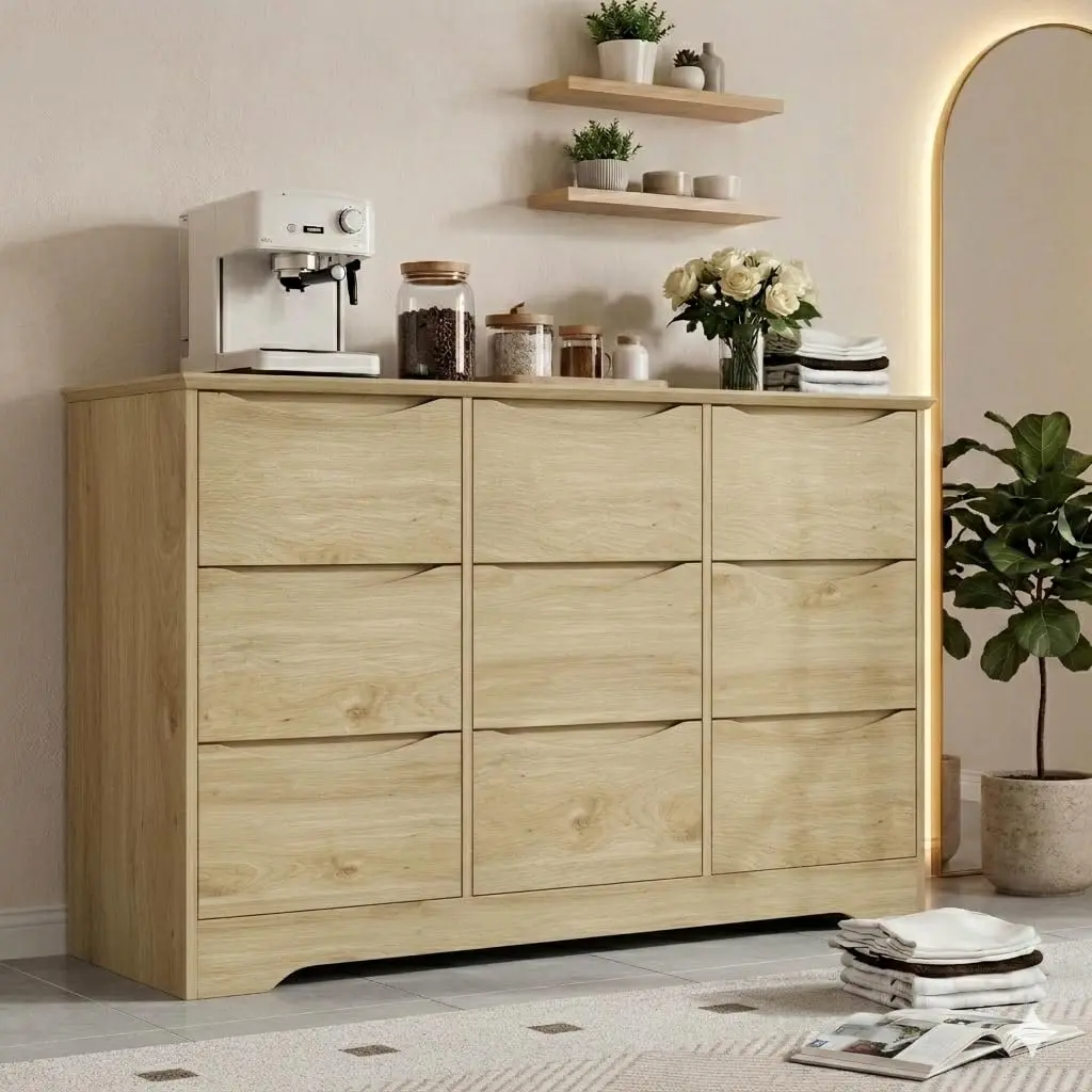 Tall Modern Wooden Dresser with 9 Drawers, Deep Storage Chest with Wide Countertop, Multi-Purpose Cabinet for Bedroom Kids Room Living Room Hallway