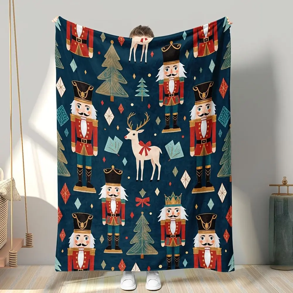1pc Plush Flannel Blanket with Christmas Nutcracker Reindeer Design, Perfect for Lounge Corners, Picnic Shade, Urban Balcony Leisure, Recliner Relaxation and Travel-Ready Comfort