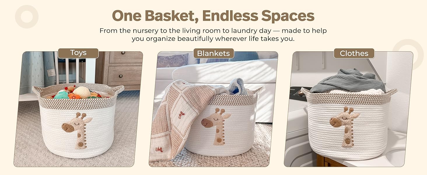 SUNDAY MIRTH Giraffe Storage Basket for Nursery – Large 15"x11" Cotton Rope Bin with Soft Felt Animal Patch – Toy Organizer, Baby Laundry Hamper, Diaper & Towel Holder – Foldable, Washable & Baby-Safe