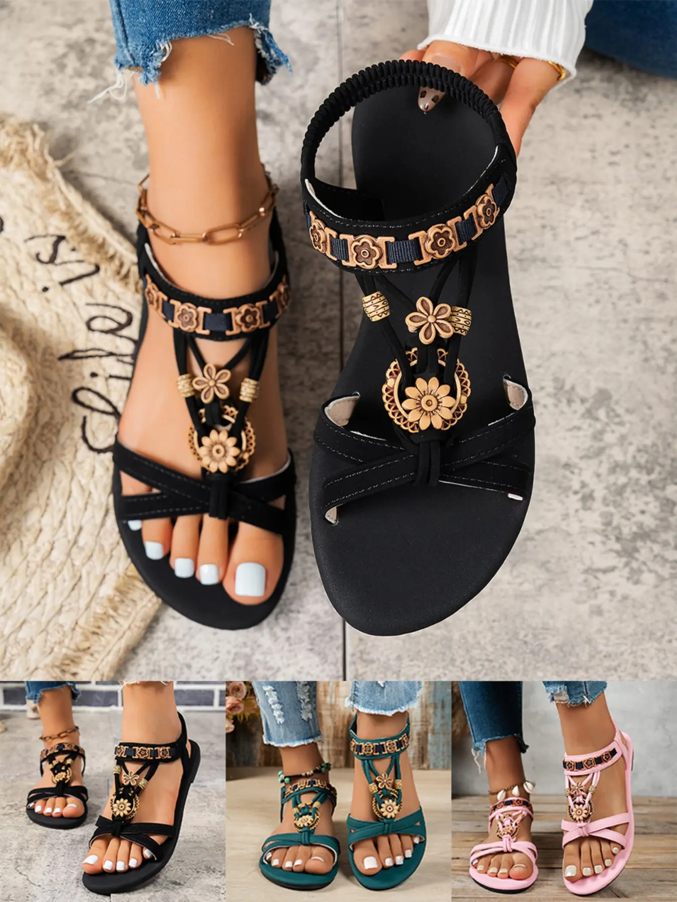 Women's Fashionable Gladiator Sandals, Boho Style Rhinestone Decorated Sandals for Beach Vacation, Casual Versatile Slingback Sandals for Summer, Footwear